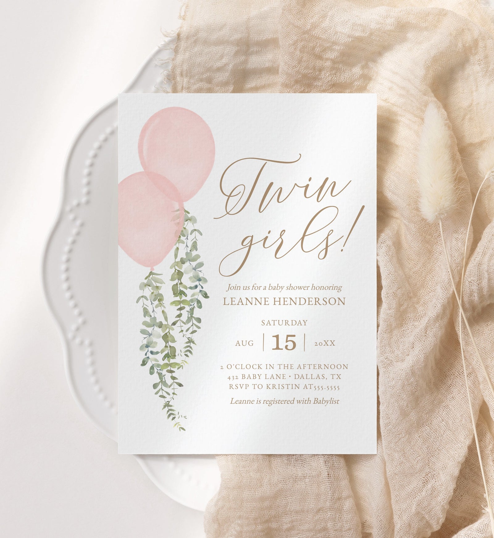 Twin Girls Balloon Baby Shower Invitation, Pink Watercolor Balloon Baby Shower Invite, Printable Invitation Template, DIGITAL DOWNLOAD
