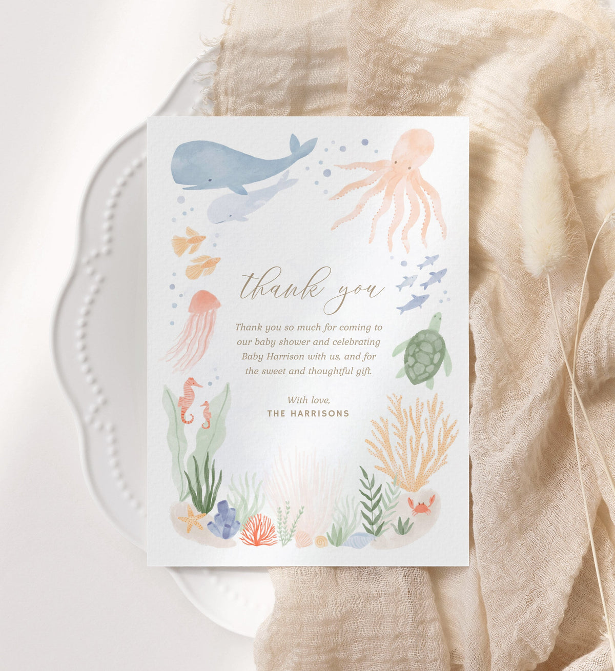 Editable Under the Sea Baby Shower Thank You Card Template, Printable Flat Thank You Card, DIGITAL DOWNLOAD