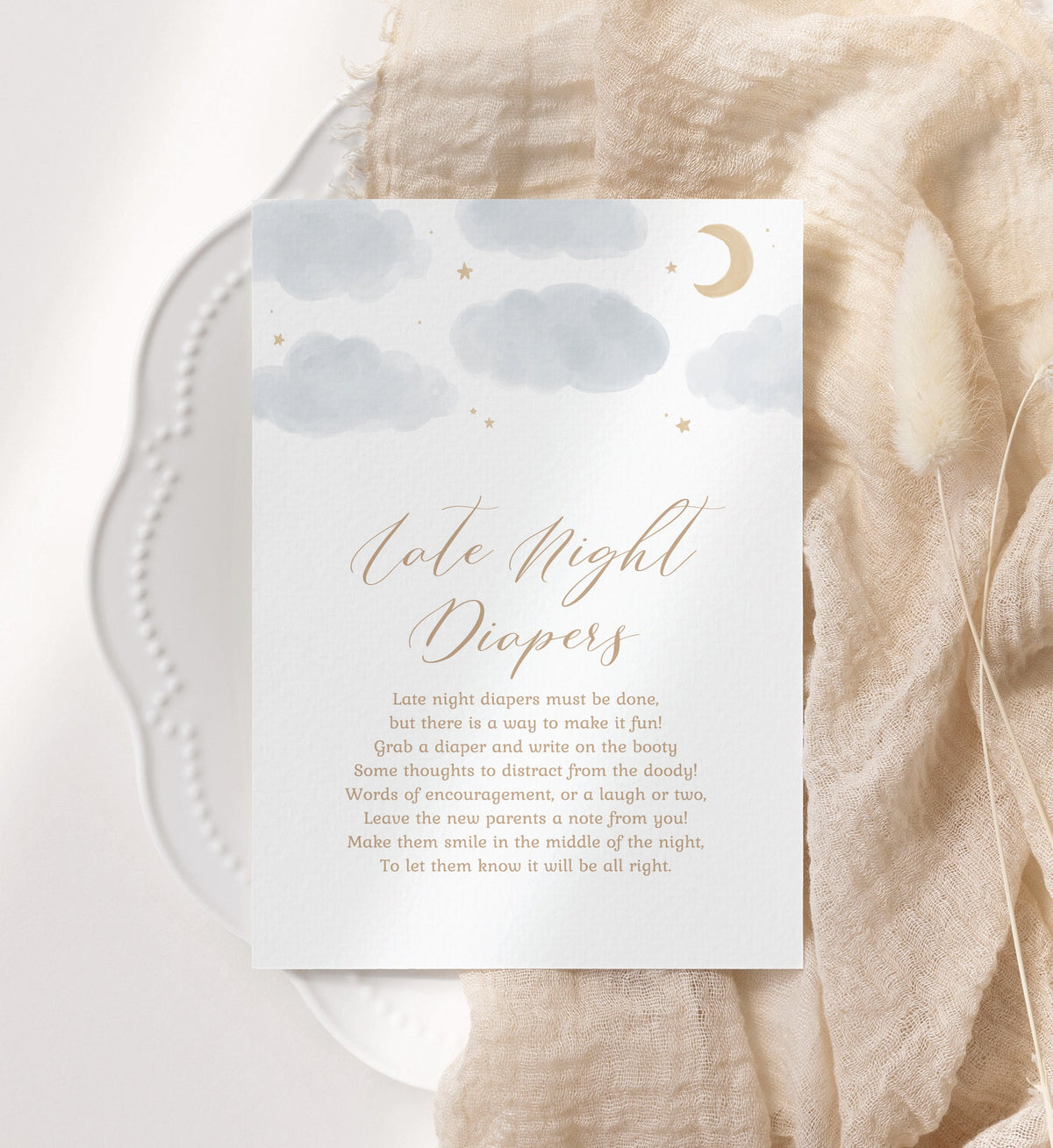 Late Night Diapers Moon and Stars Baby Shower Sign, Printable Over the Moon Baby Shower Game, DIGITAL DOWNLOAD