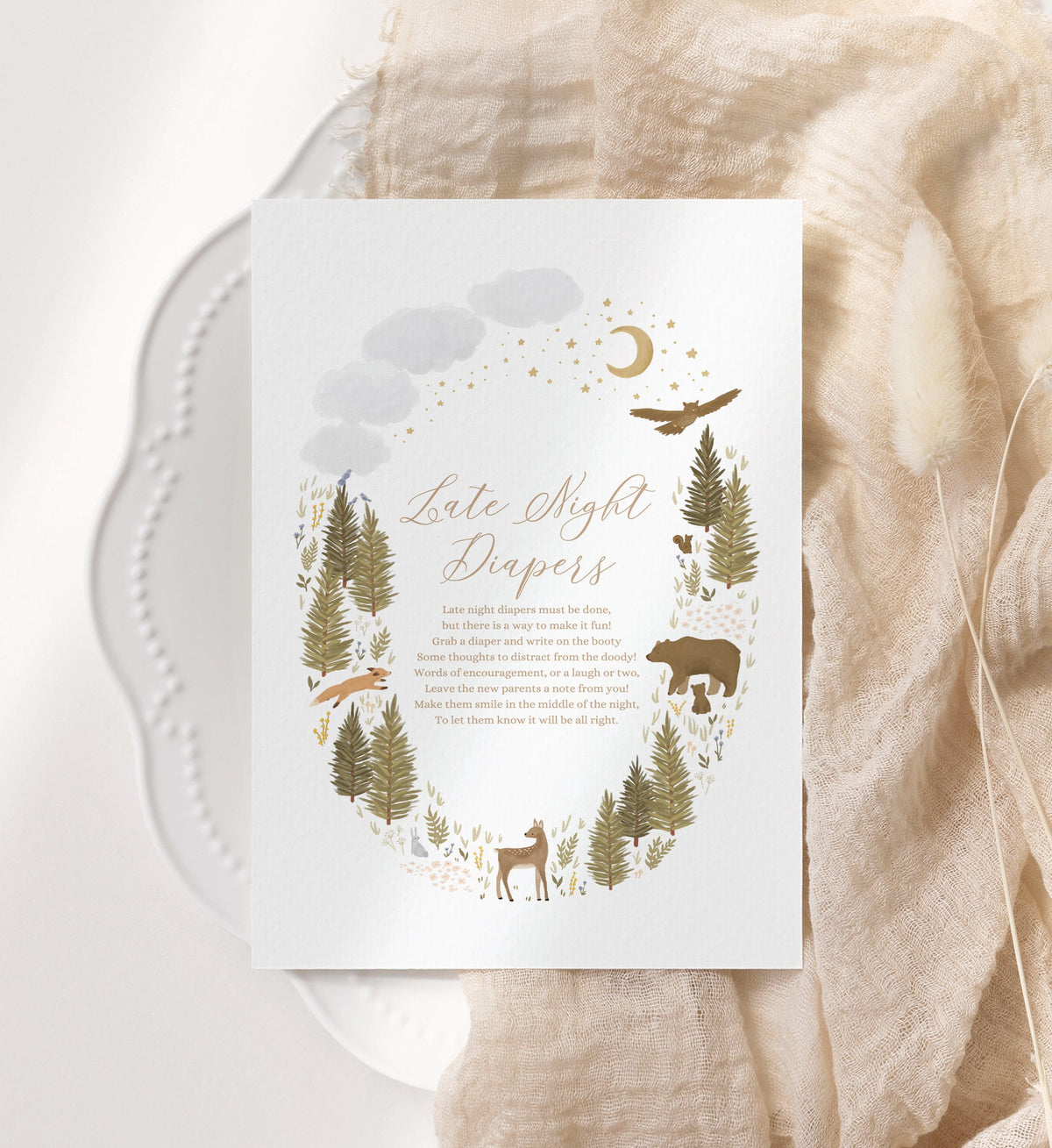 Late Night Diapers Woodland Shower Sign, Printable Woodland Baby Shower Game, DIGITAL DOWNLOAD