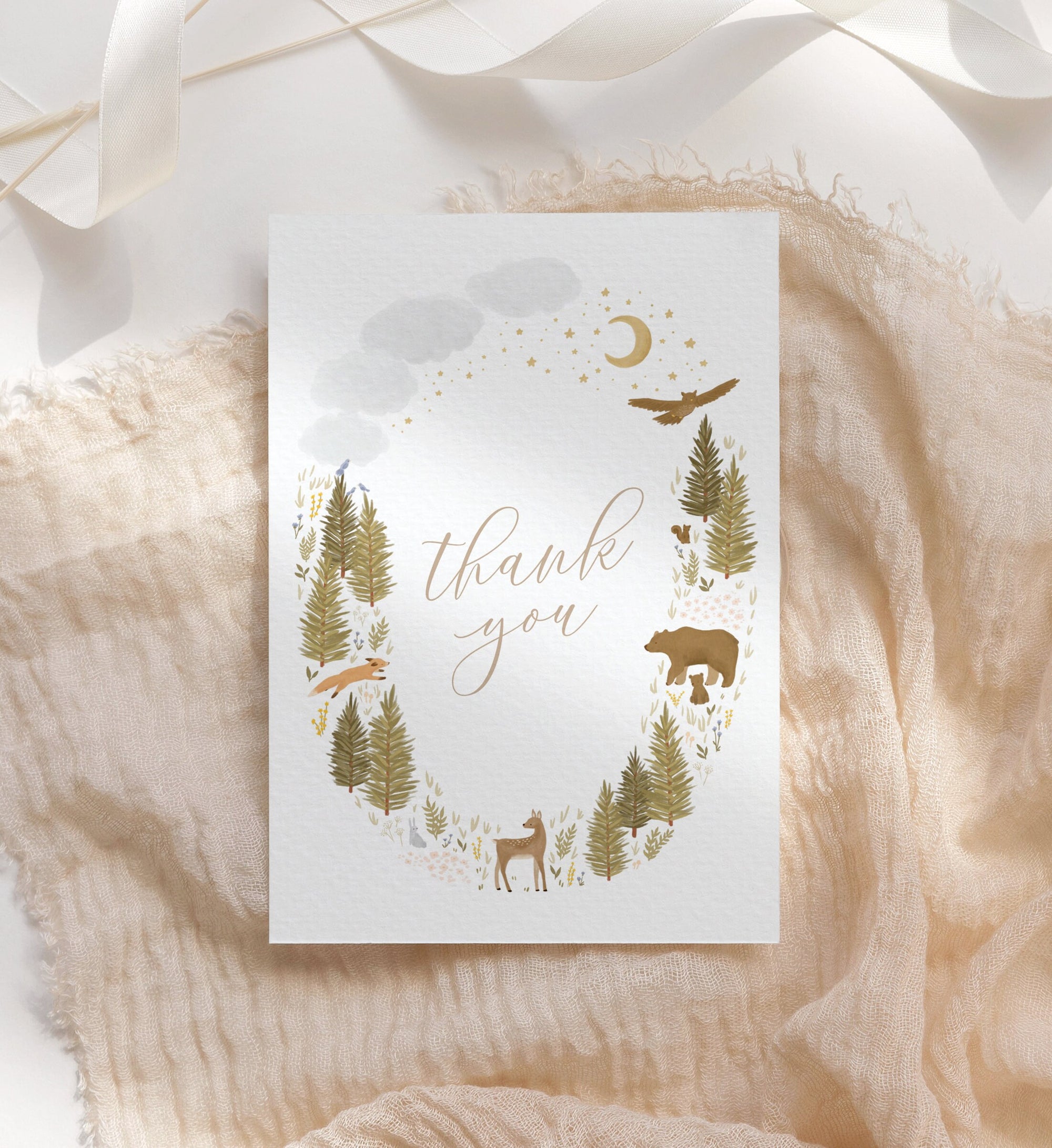 Editable Woodland Baby Shower Thank You Card Template, Printable Folded Thank You Card, DIGITAL DOWNLOAD
