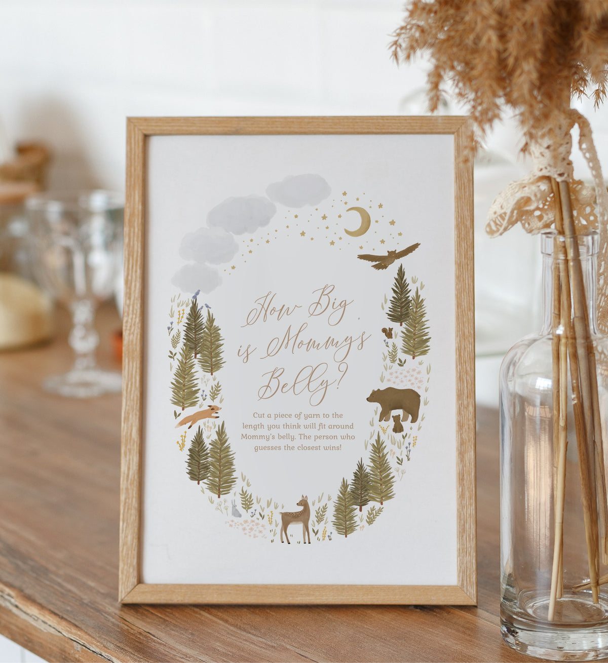 How Big is Mommy&#39;s Belly Woodland Baby Shower Sign, Printable Woodland Baby Shower Game, Baby Shower Activity, DIGITAL DOWNLOAD