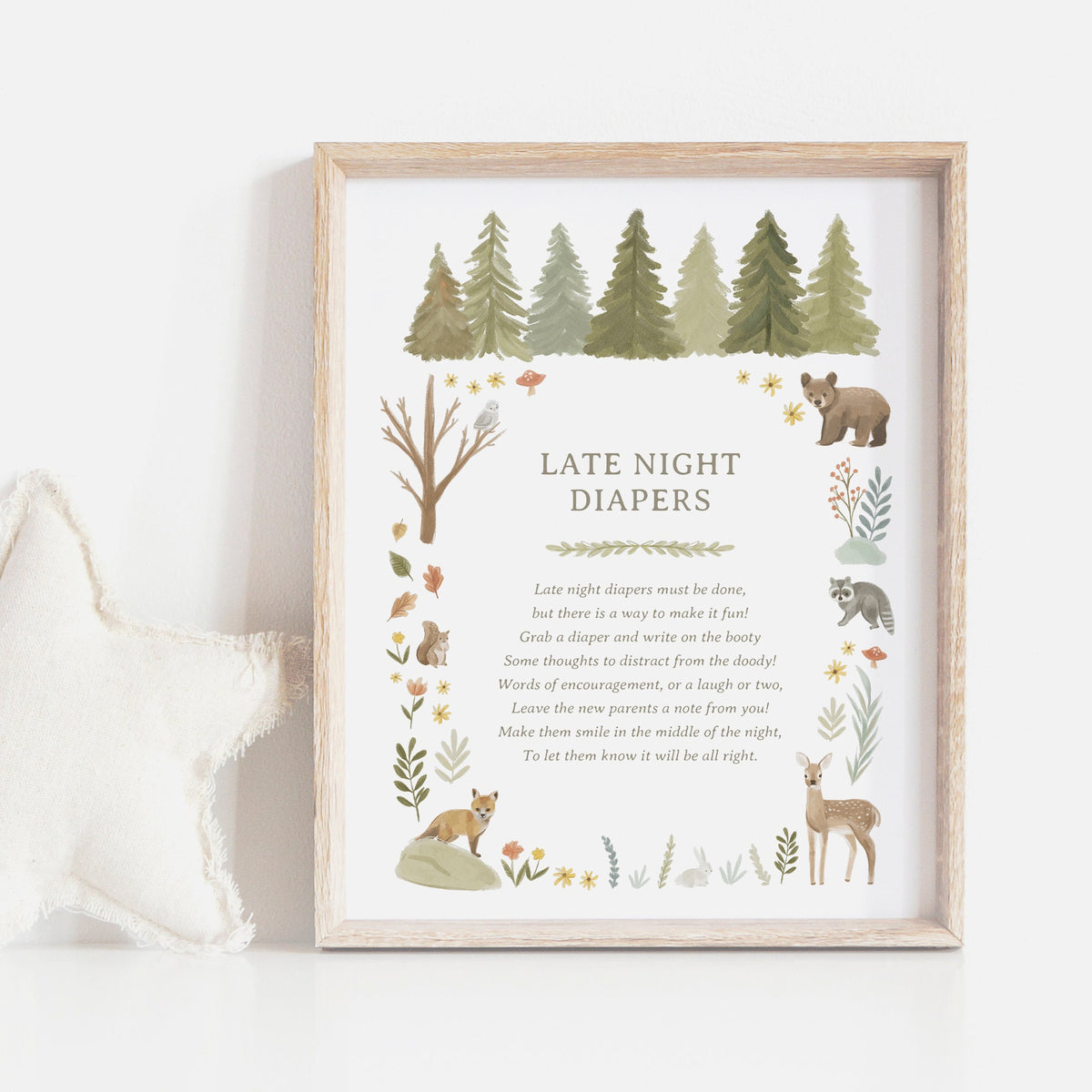 Late Night Diapers Woodland Shower Sign, Printable Woodland Baby Shower Game, DIGITAL DOWNLOAD
