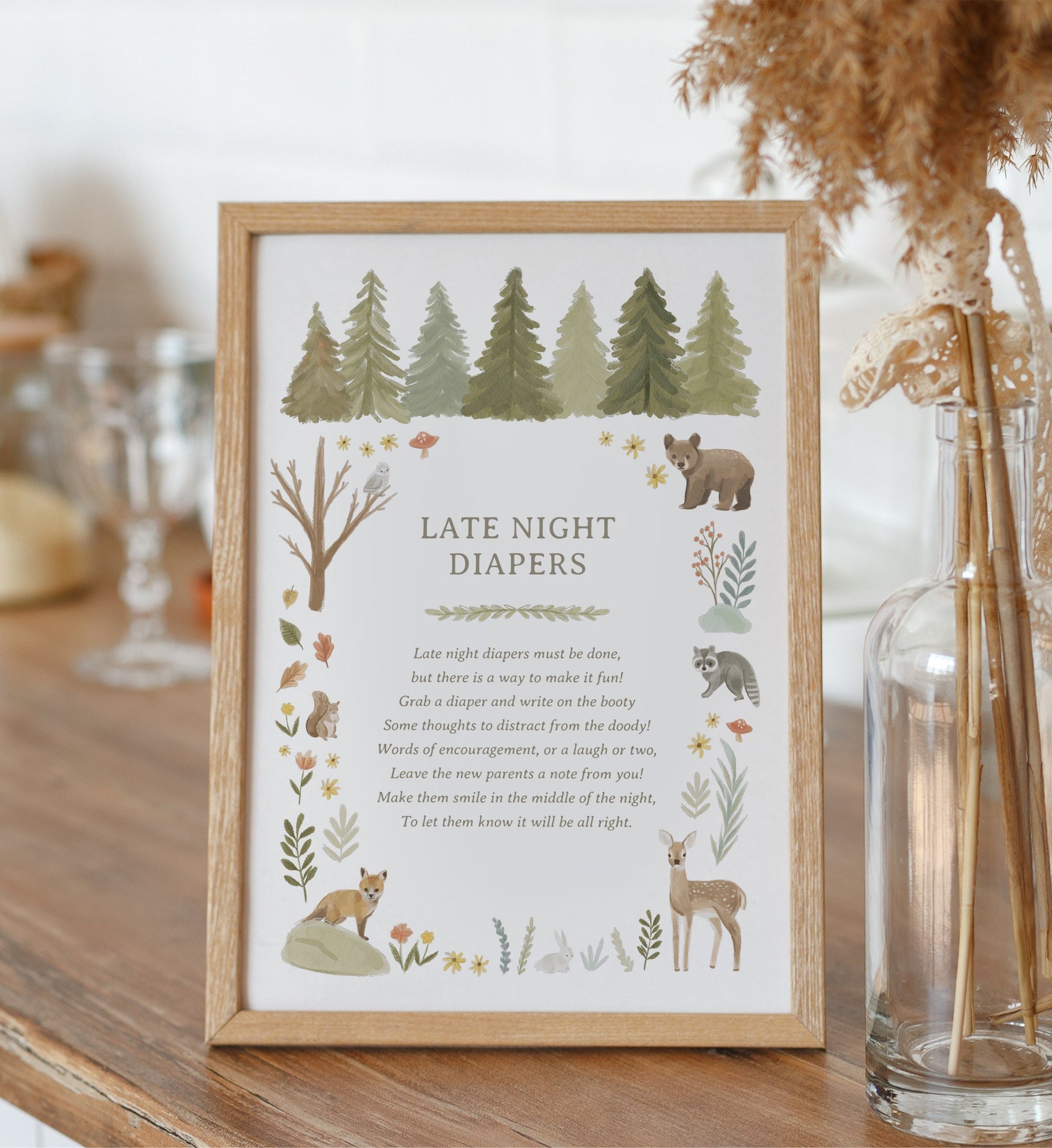 Late Night Diapers Woodland Shower Sign, Printable Woodland Baby Shower Game, DIGITAL DOWNLOAD