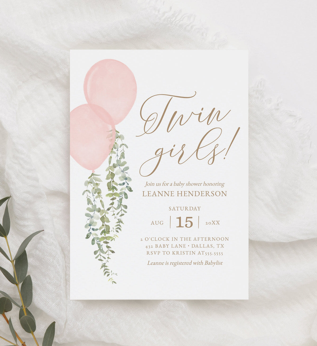 Twin Girls Balloon Baby Shower Invitation, Pink Watercolor Balloon Baby Shower Invite, Printable Invitation Template, DIGITAL DOWNLOAD