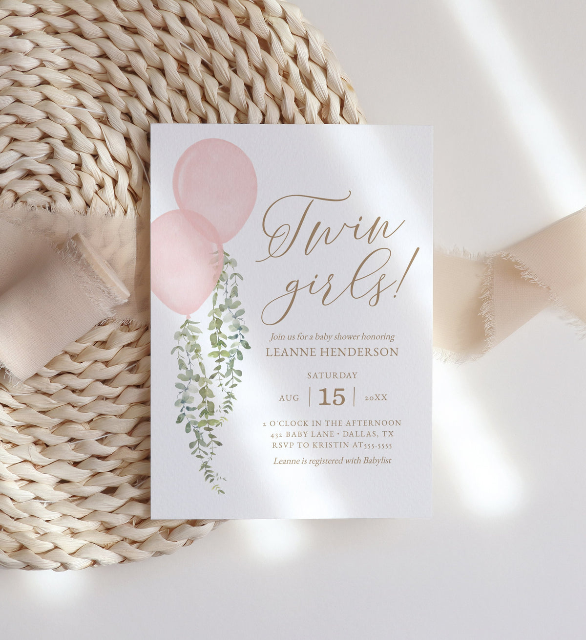 Twin Girls Balloon Baby Shower Invitation, Pink Watercolor Balloon Baby Shower Invite, Printable Invitation Template, DIGITAL DOWNLOAD