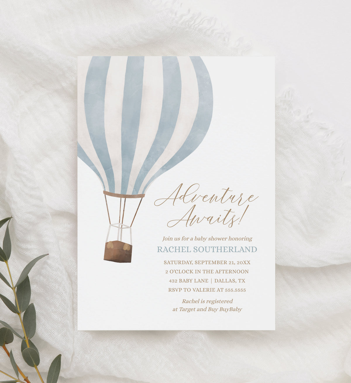 Editable Blue Hot Air Balloon Baby Shower Invitation Template