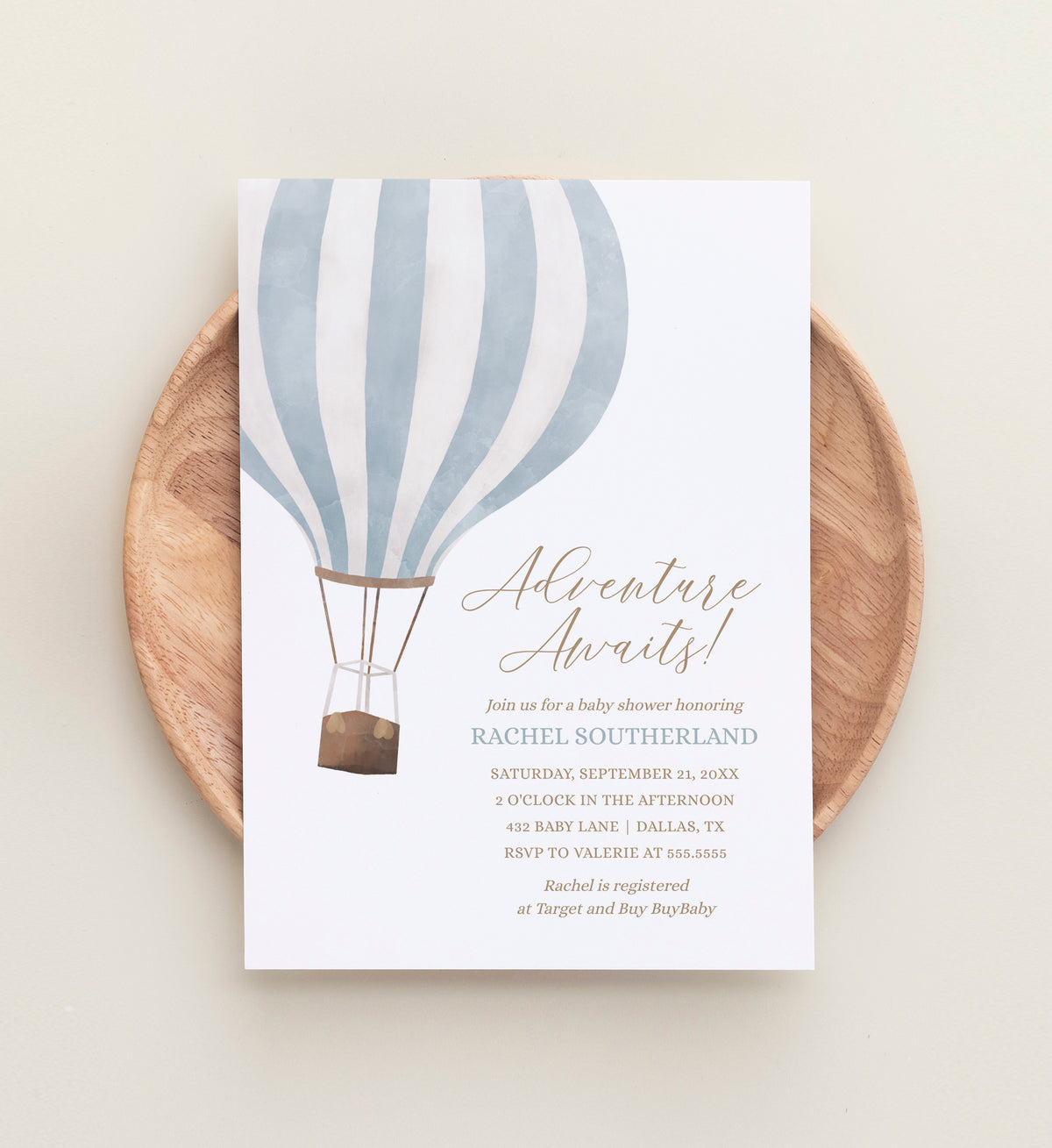 Editable Blue Hot Air Balloon Baby Shower Invitation Template