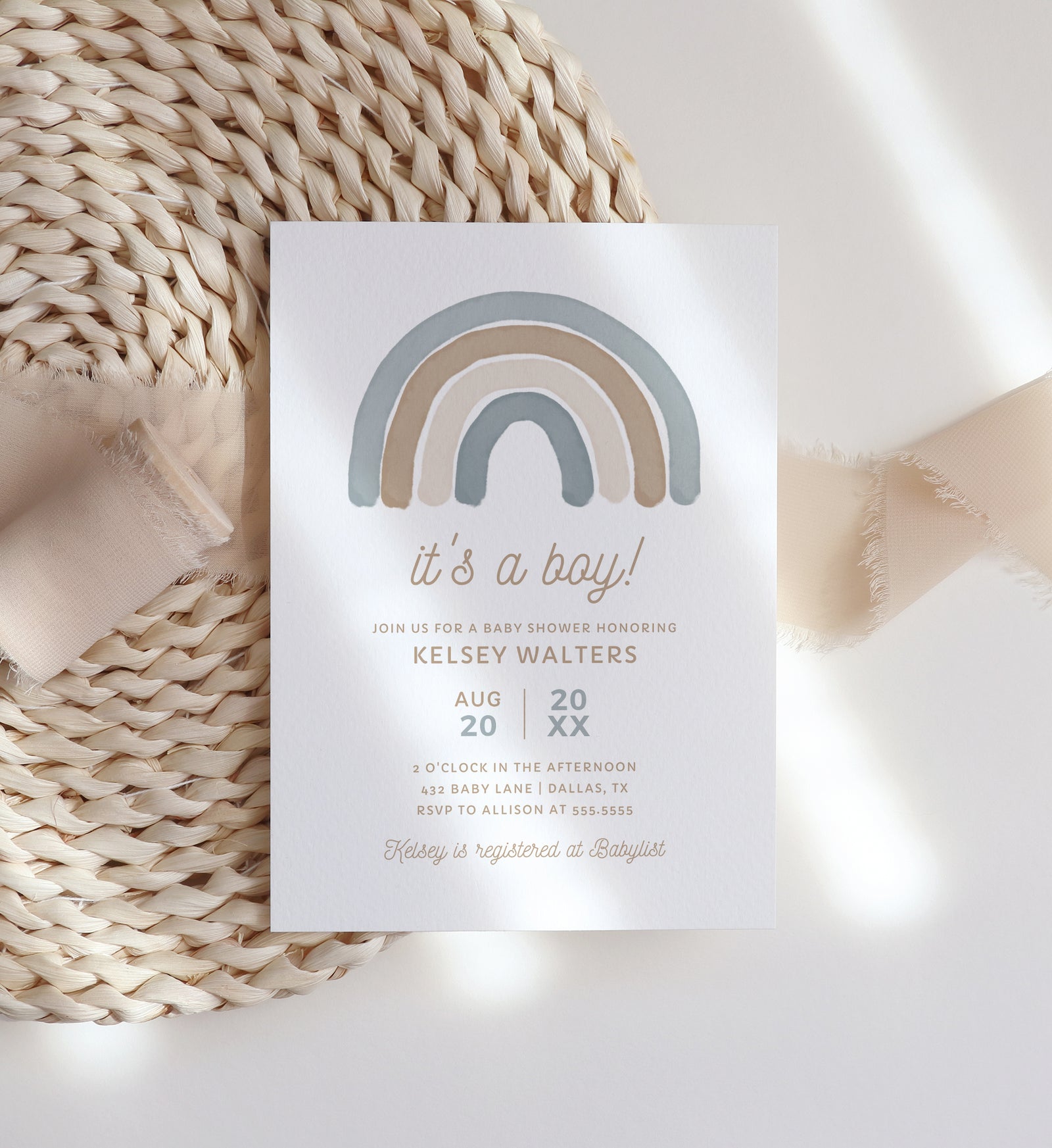 Editable Blue Rainbow Boy Baby Shower Invitation Template
