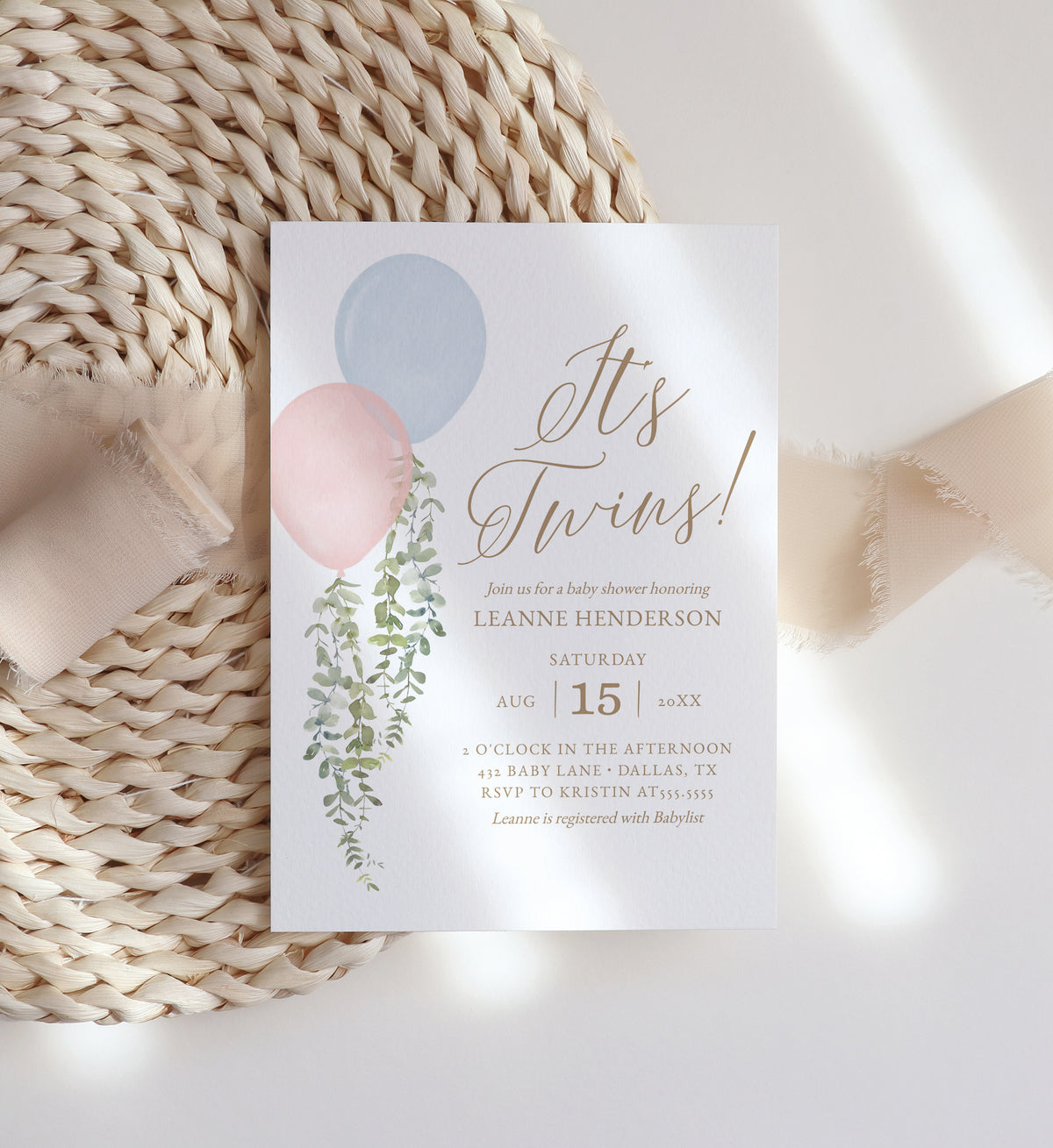 Editable Twins Balloon Baby Shower Invitation Template