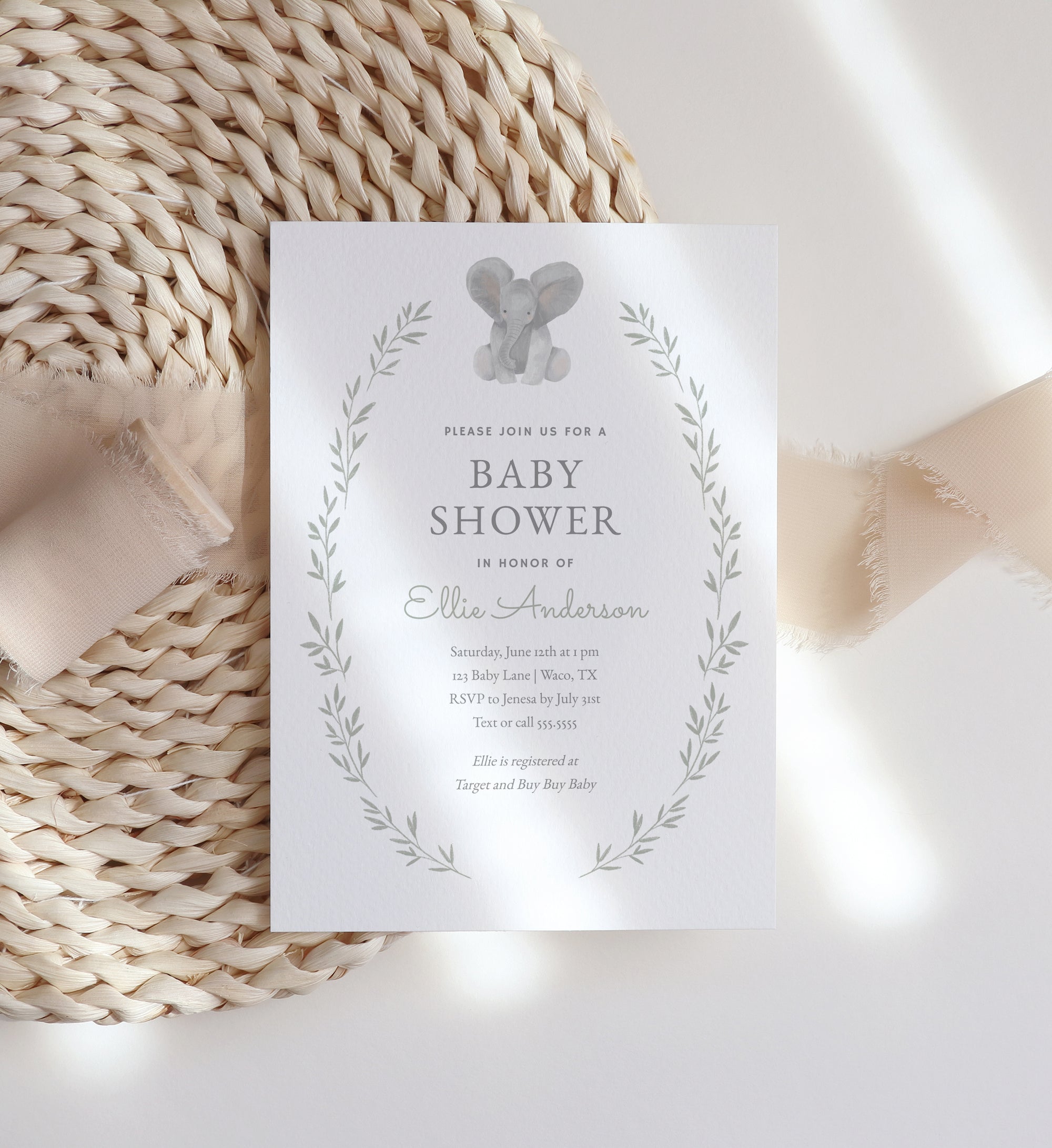 Editable Elephant Greenery Baby Shower Invitation Template