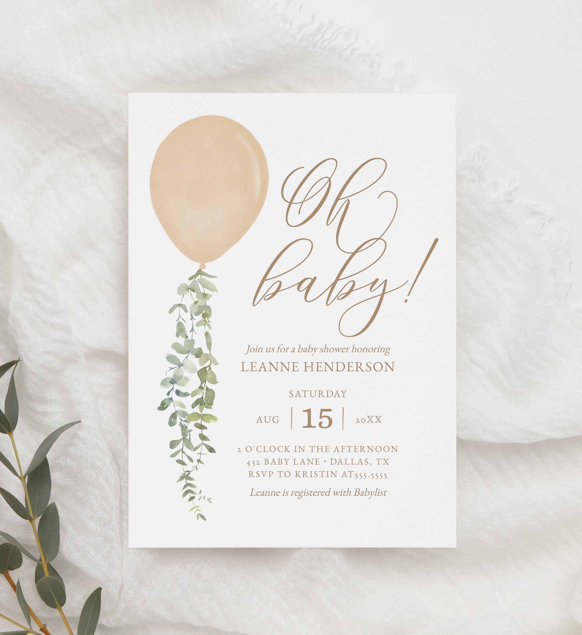 Editable Gold Balloon Baby Shower Invitation Template