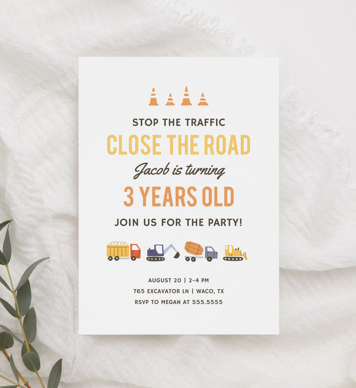 Editable Construction Birthday Party Invitation Template