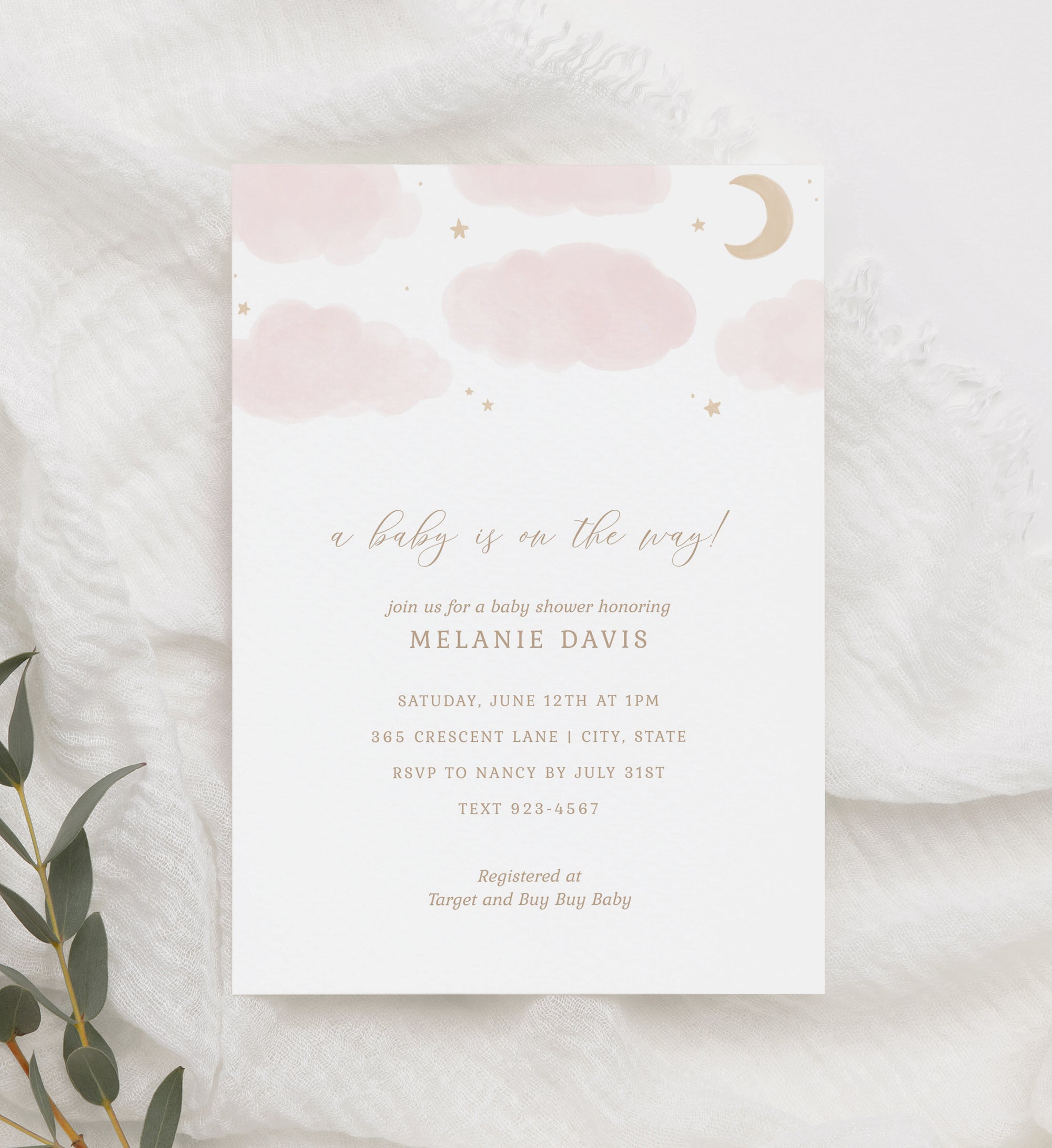 Editable Pink Moon and Stars Baby Shower Invitation Template