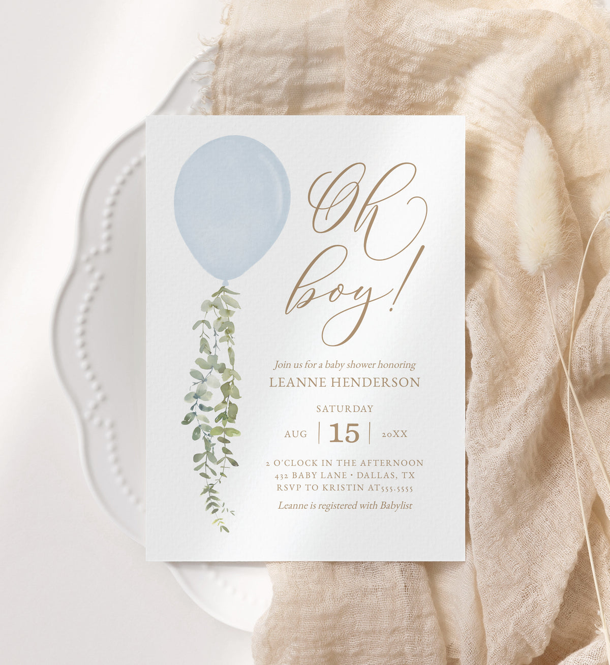 Editable Blue Balloon Baby Shower Invitation Template