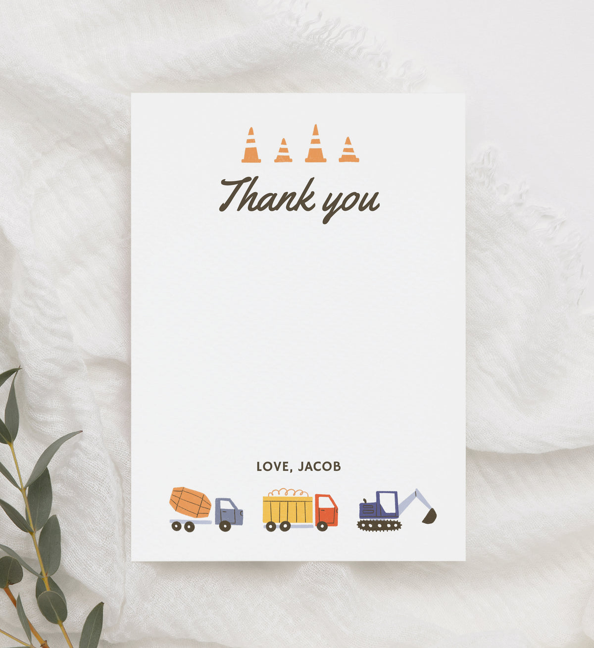 Editable Construction Birthday Party Flat Thank You Card Templat