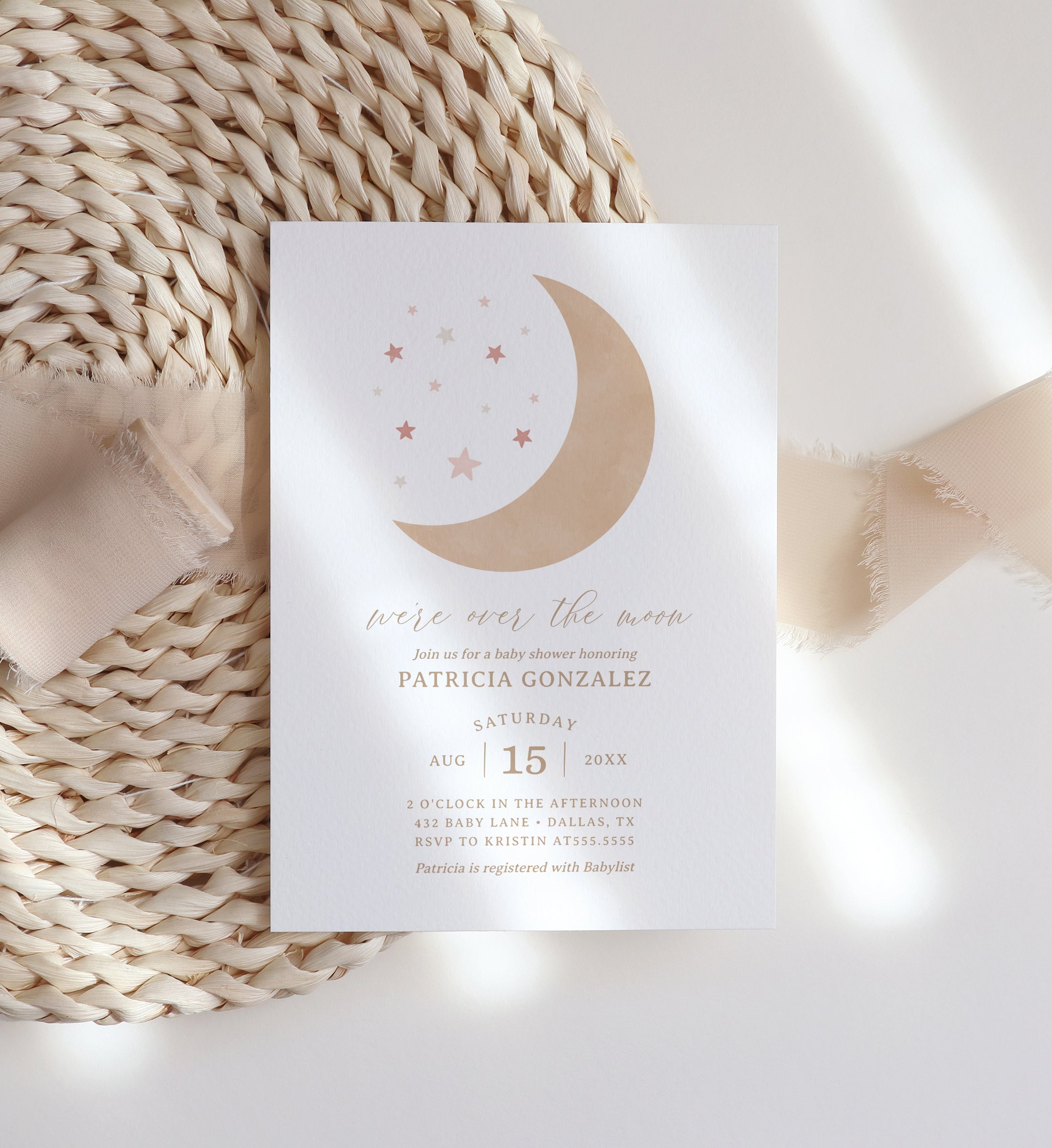 Editable Over the Moon Girl Baby Shower Invitation Template