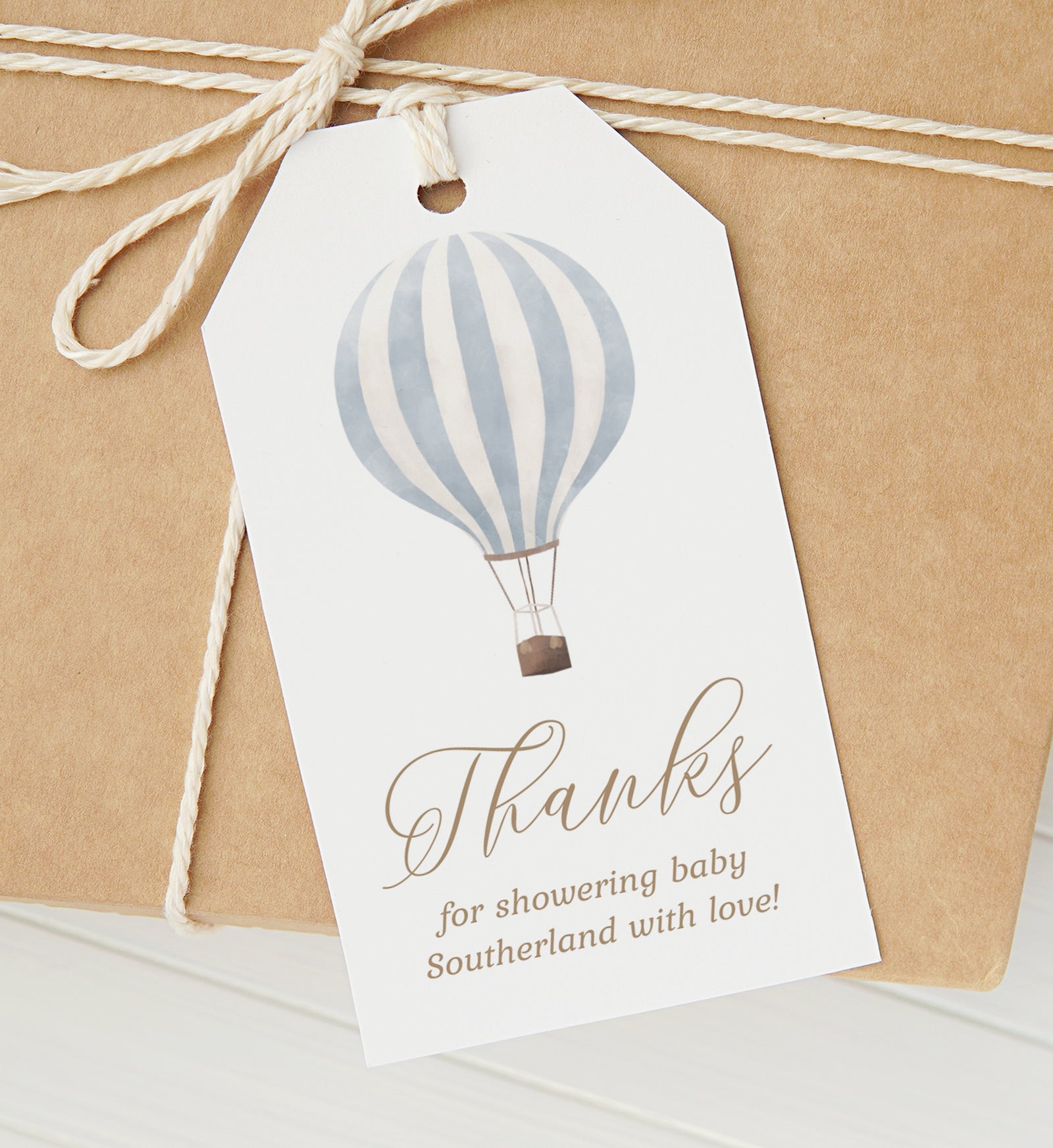 Editable Blue Hot Air Balloon Baby Shower Favor Tag Template