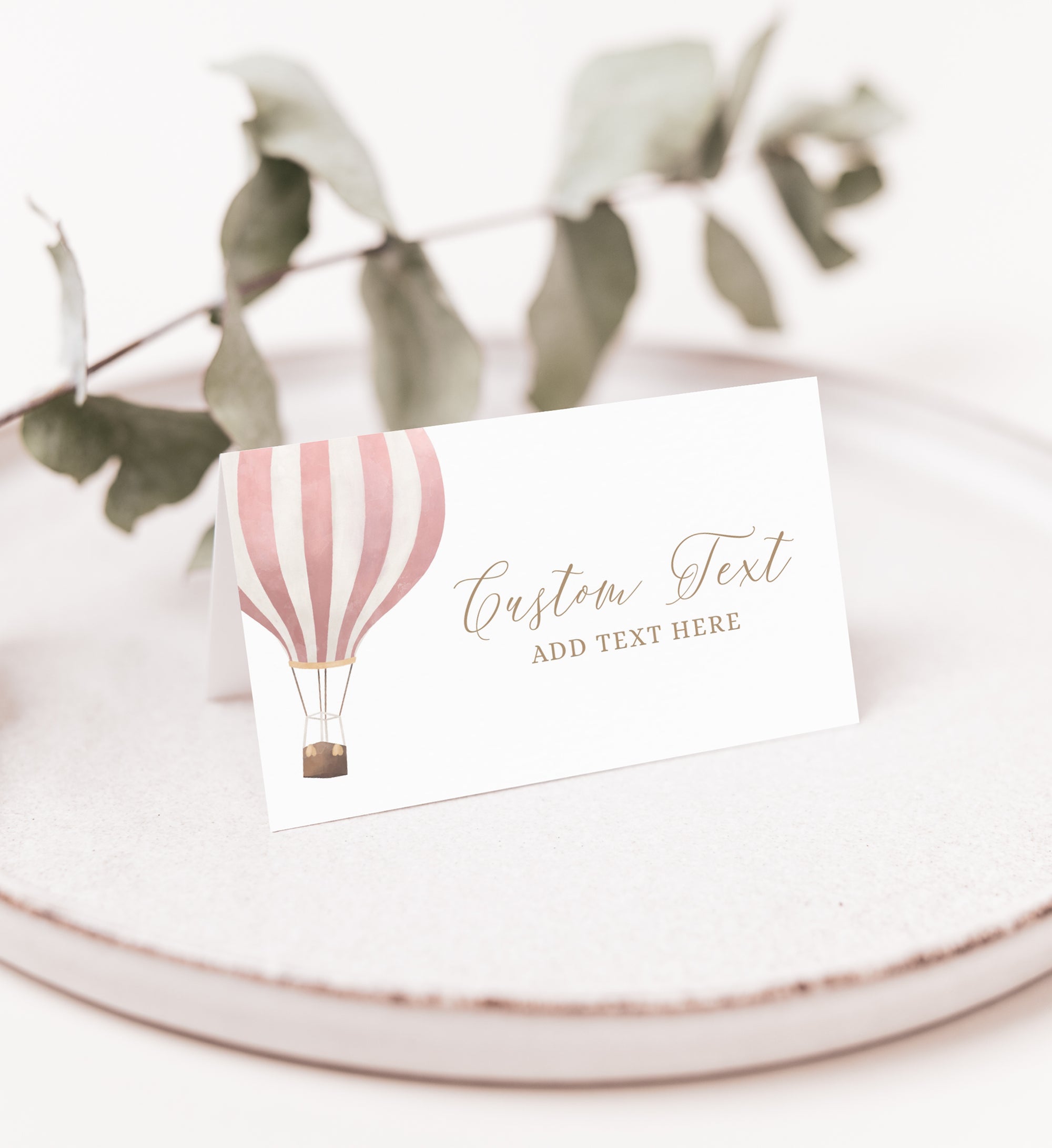 Editable Pink Hot Air Balloon Baby Shower Place Card Template