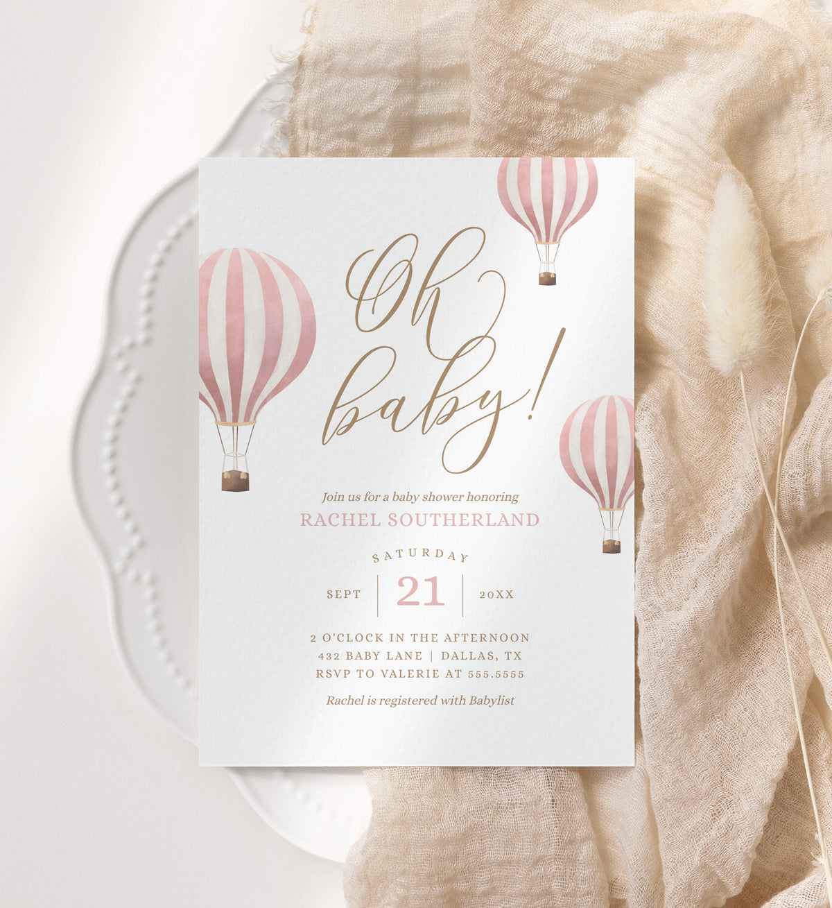 Editable Pink Hot Air Balloon Baby Shower Invitation Template No. 2