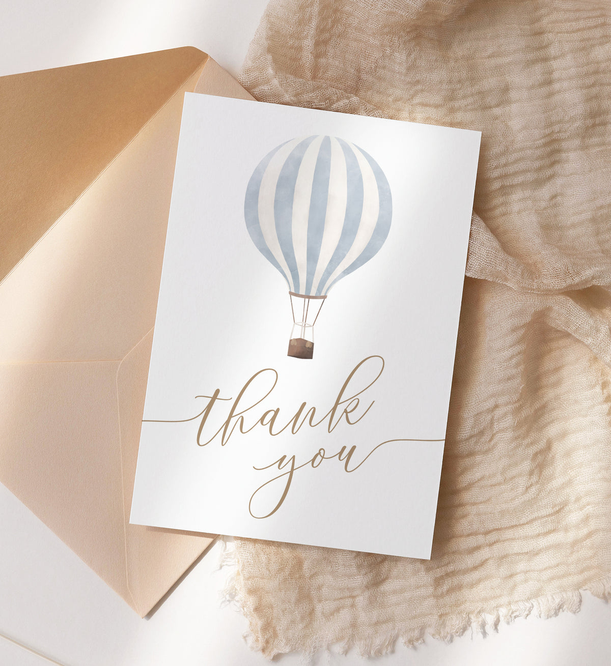Editable Blue Hot Air Balloon Baby Shower Folded Thank You Card Template
