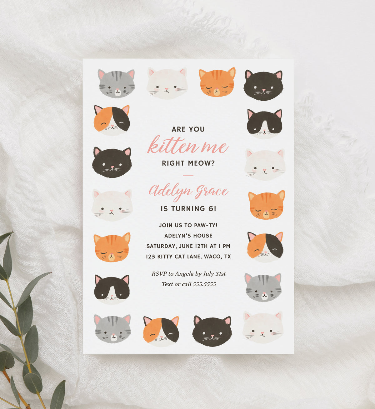 Editable Kitten Birthday Party Invitation Template