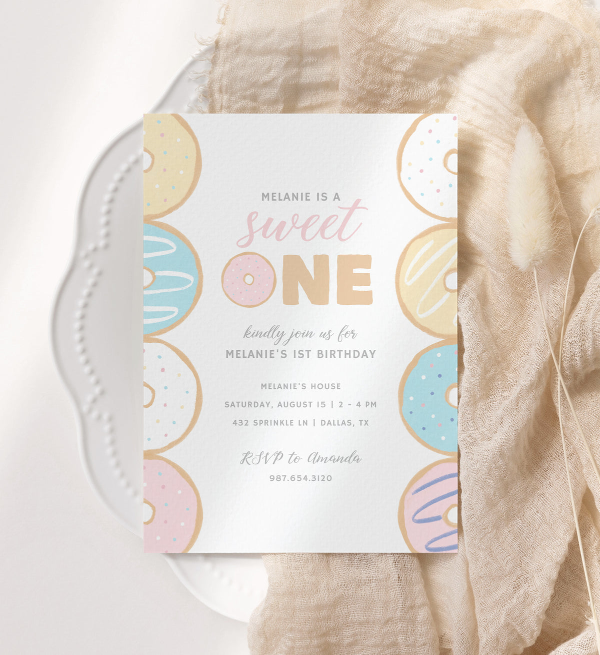 Editable Sweet One Donut Birthday Party Invitation Template