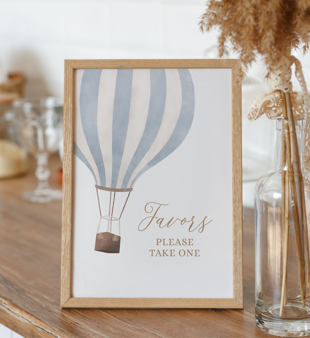 Blue Hot Balloon Baby Shower Favors Sign