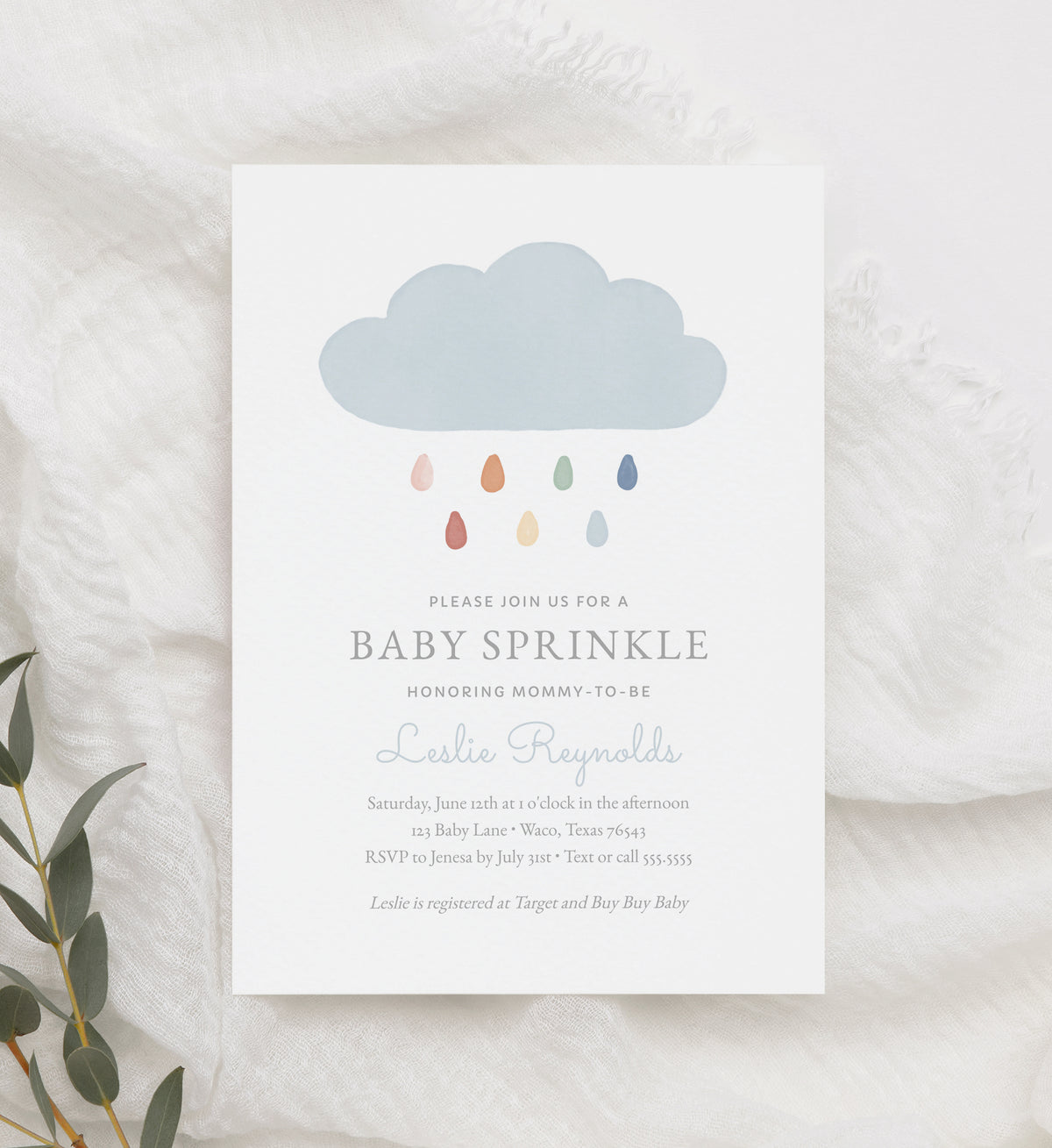 Editable Watercolor Cloud Baby Sprinkle Invitation Template