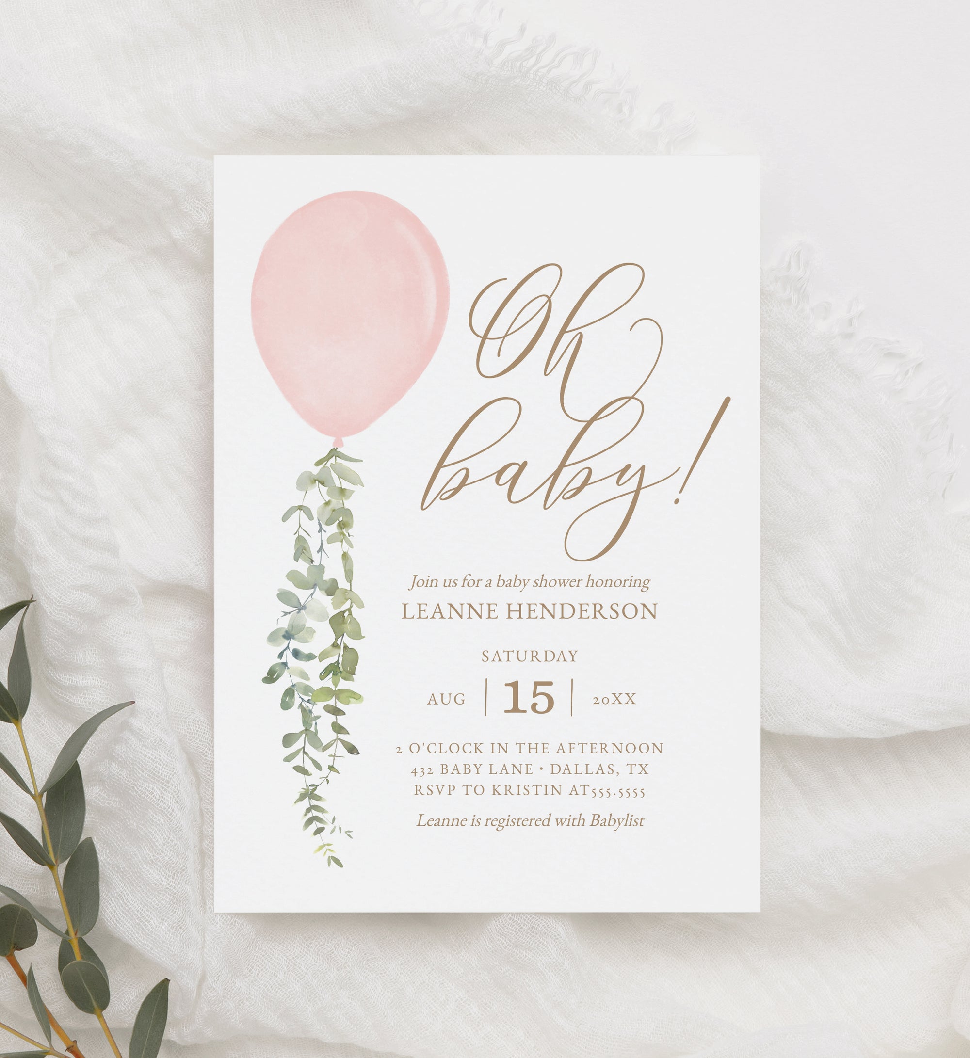 Editable Pink Balloon Baby Shower Invitation Template