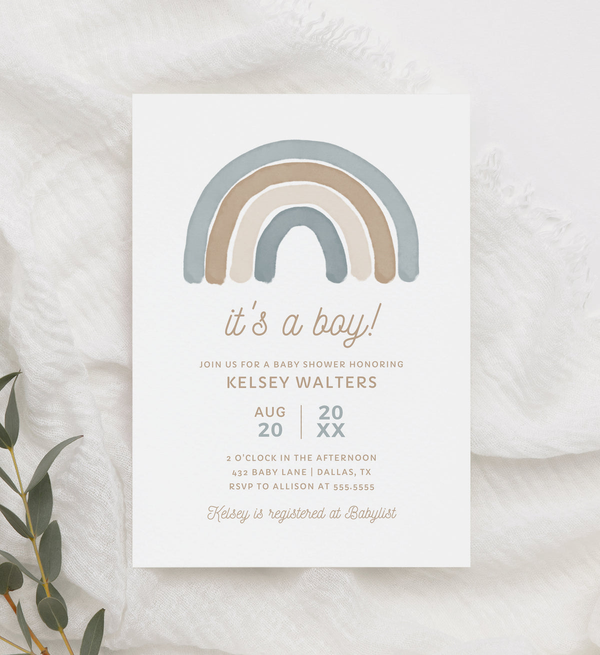 Editable Blue Rainbow Boy Baby Shower Invitation Template