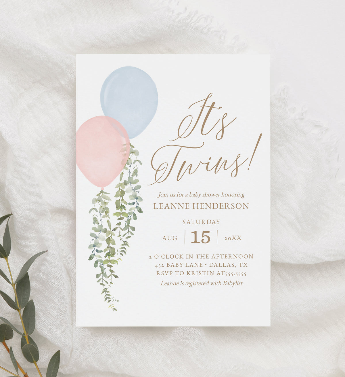 Editable Twins Balloon Baby Shower Invitation Template