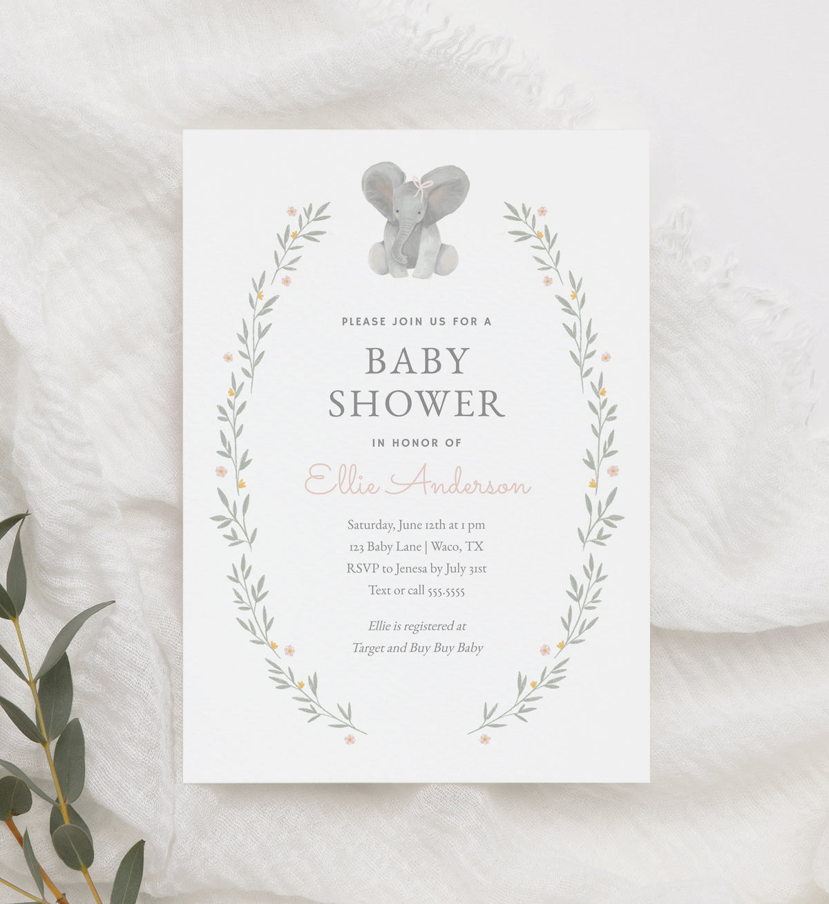 Editable Floral Elephant Baby Shower Invitation Template