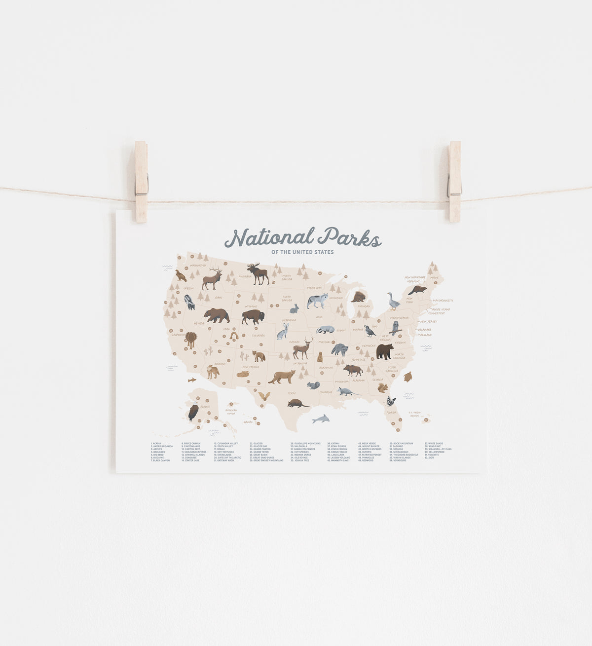 National Parks Map Print - Beige