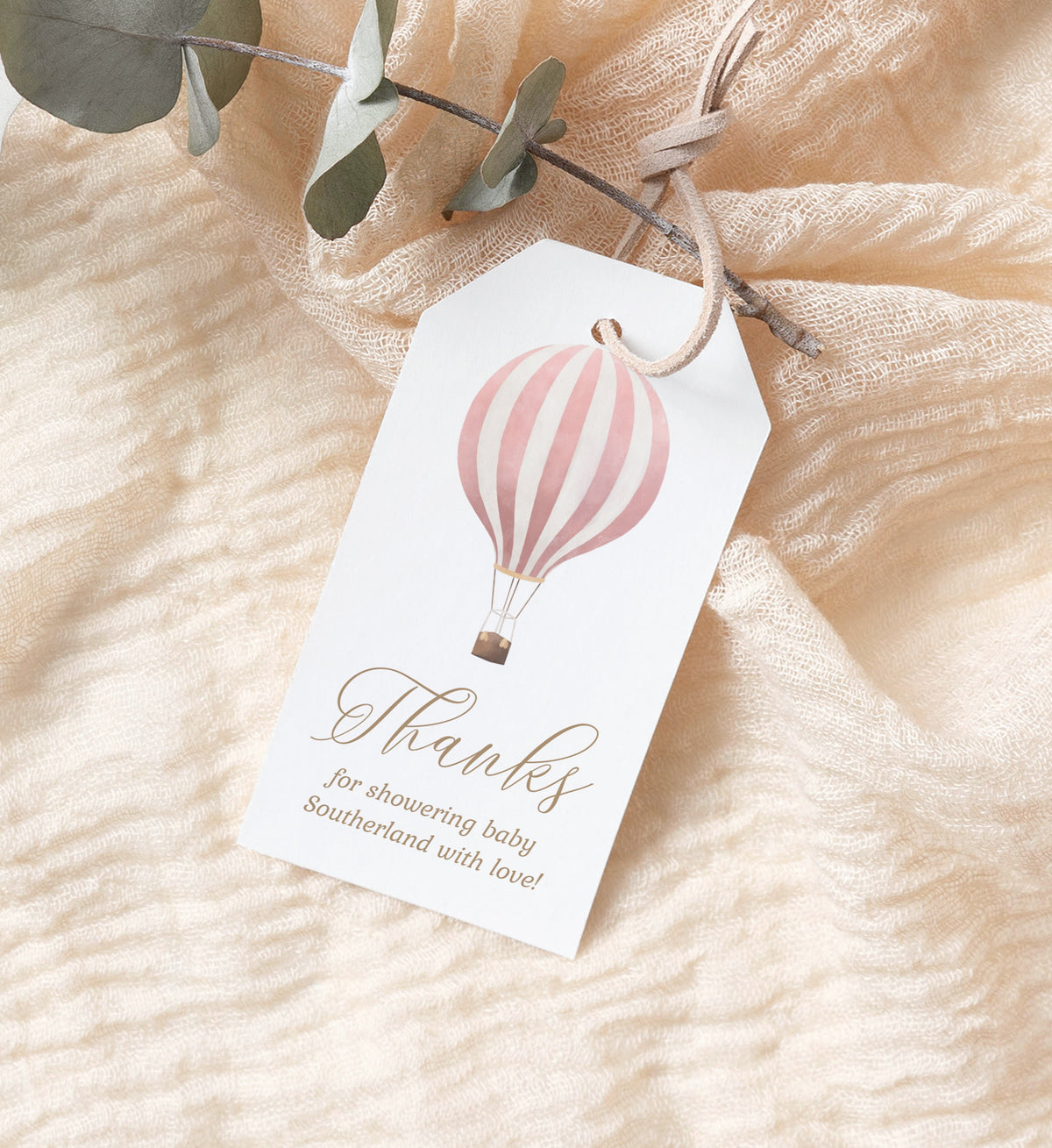 Editable Pink Hot Air Balloon Baby Shower Favor Tag Template