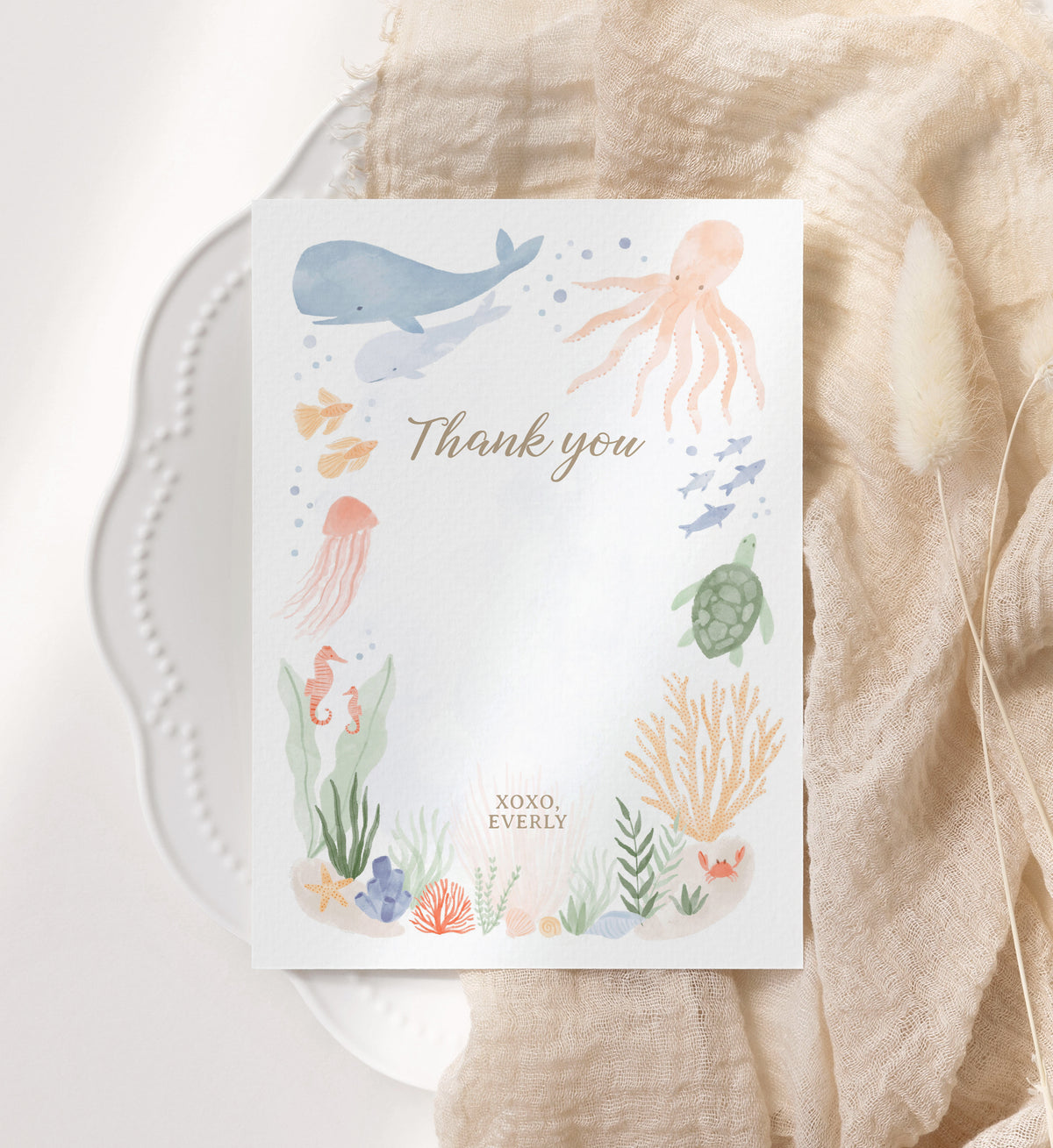 Editable Under the Sea Birthday Party Flat Thank You Card Template