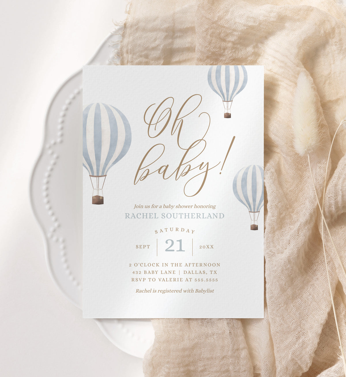 Editable Blue Hot Air Balloon Baby Shower Invitation Template No. 2
