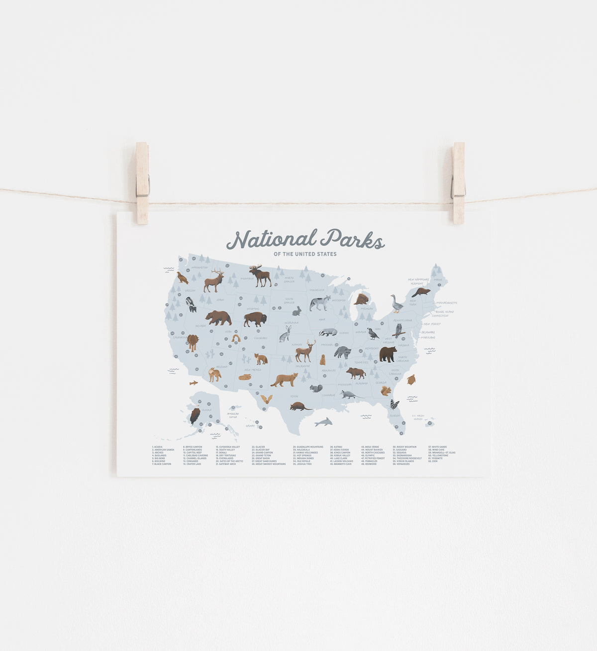 National Parks Map Print - Blue