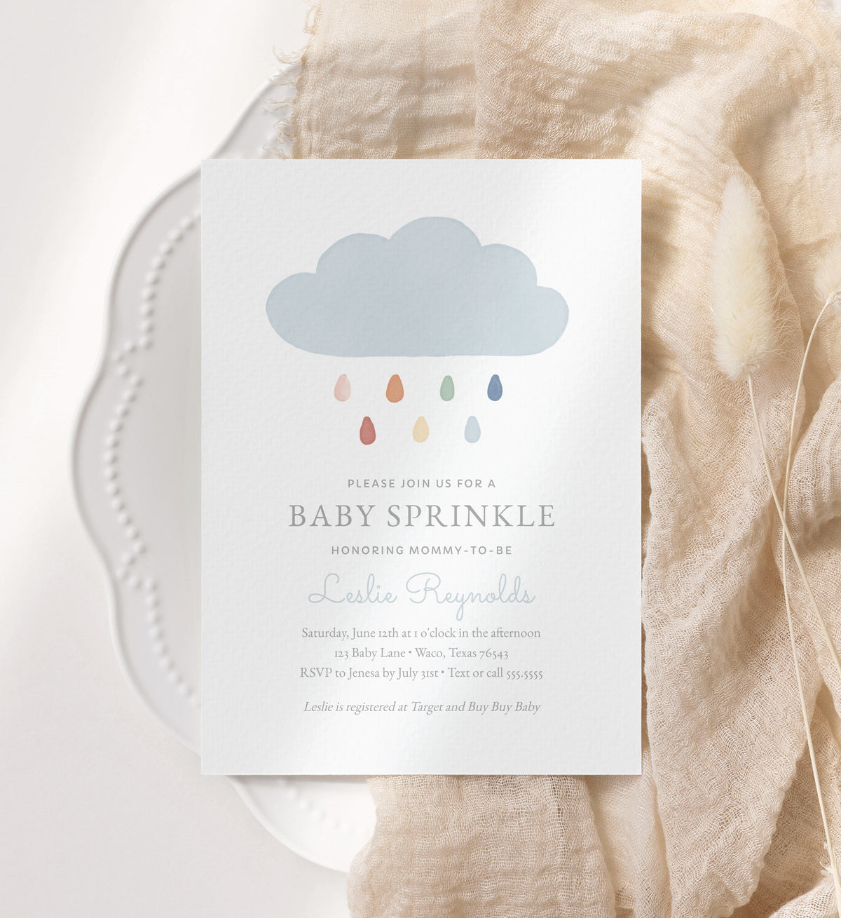 Editable Watercolor Cloud Baby Sprinkle Invitation Template