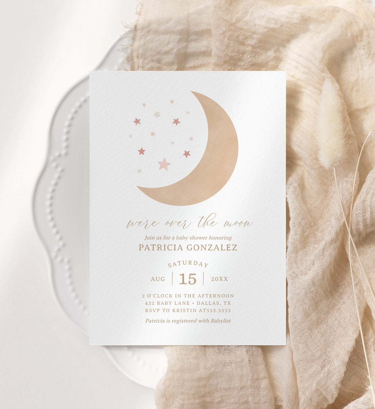 Editable Over the Moon Girl Baby Shower Invitation Template