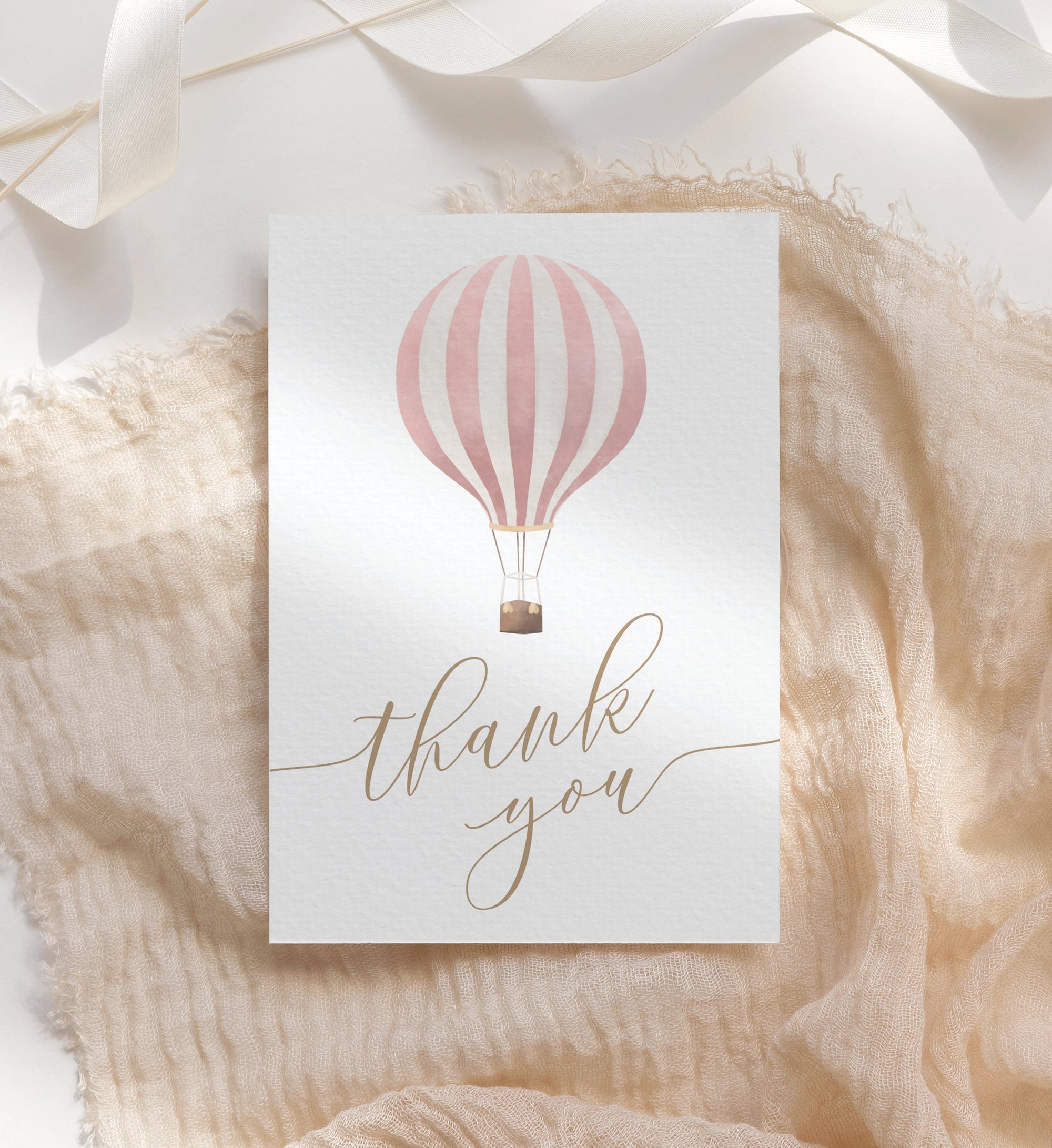Editable Pink Hot Air Balloon Baby Shower Folded Thank You Card Template