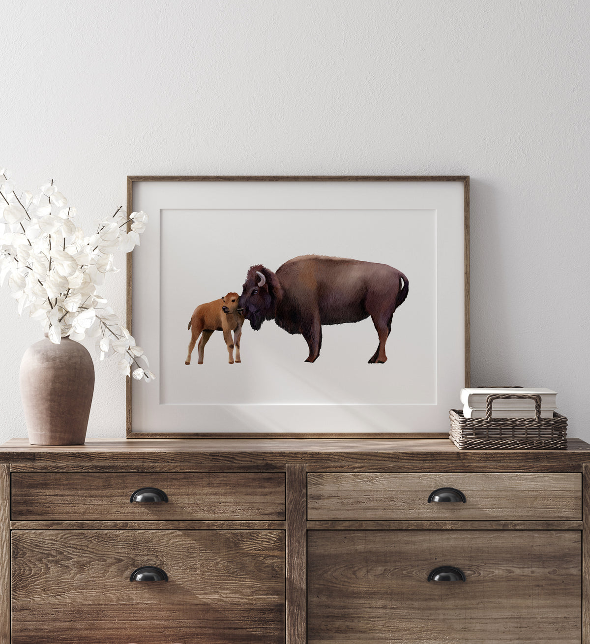 Baby and Mama Bison Print