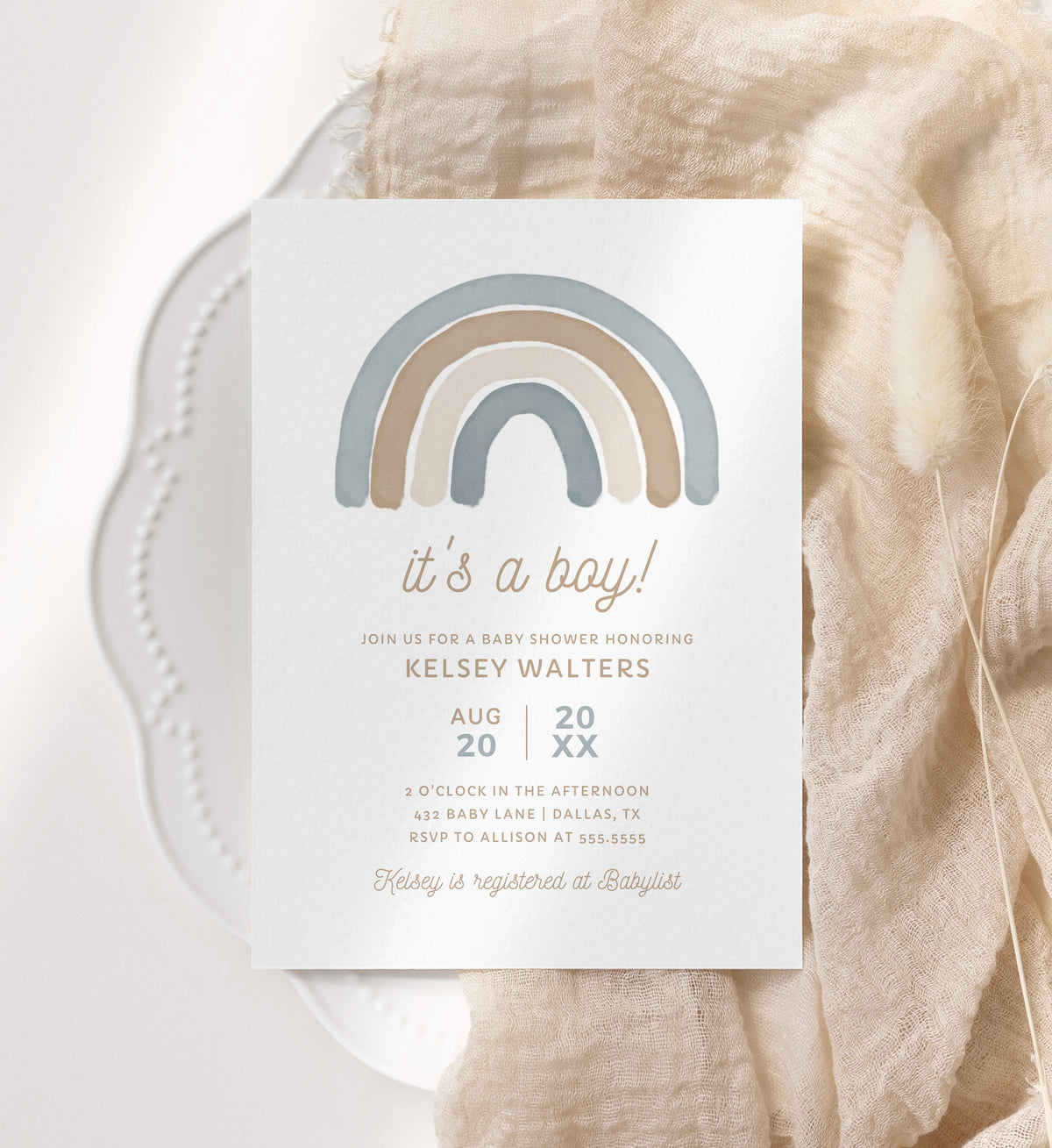 Editable Blue Rainbow Boy Baby Shower Invitation Template