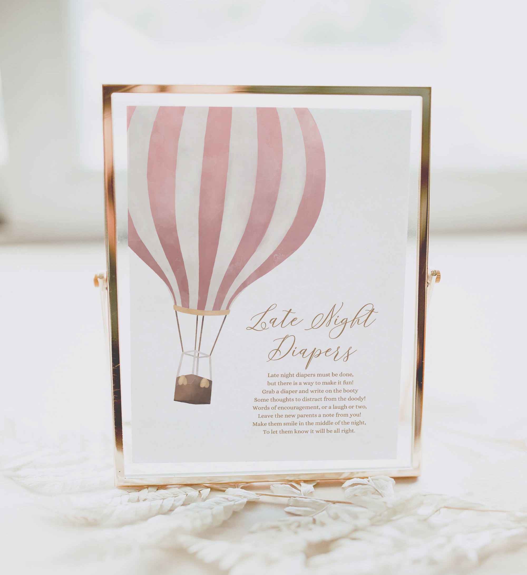 Pink Hot Air Balloon Baby Shower Late Night Diapers Sign