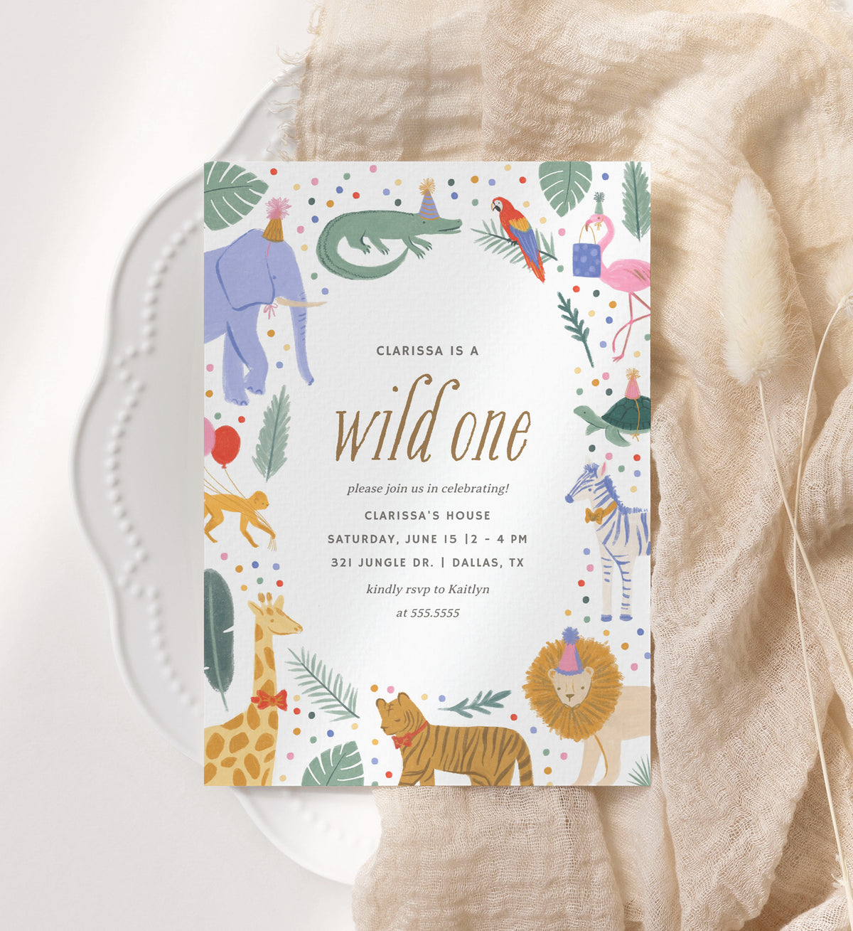 Editable Wild One Safari Animals Birthday Party Invitation Template