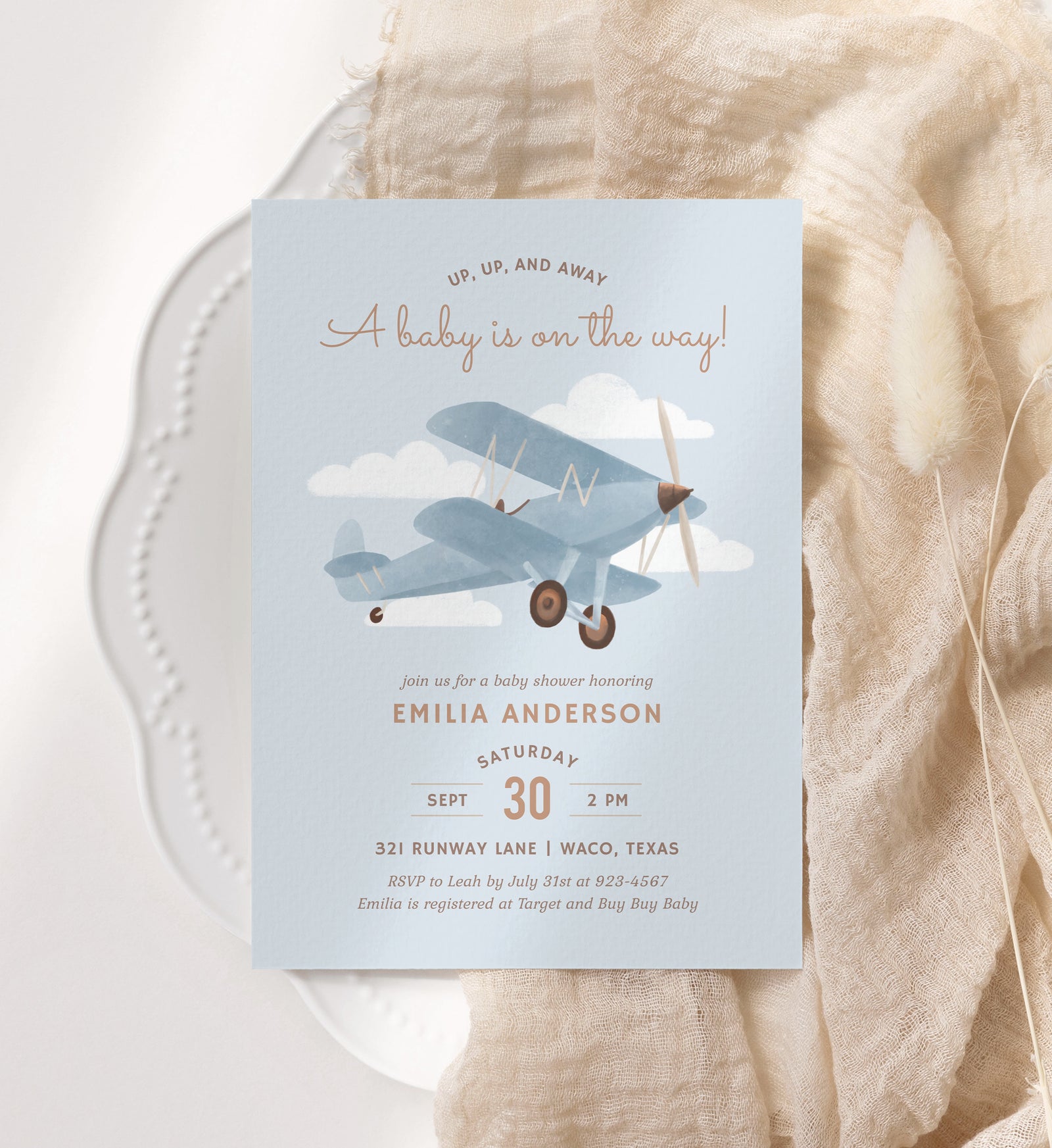Editable Airplane Baby Shower Invitation Template