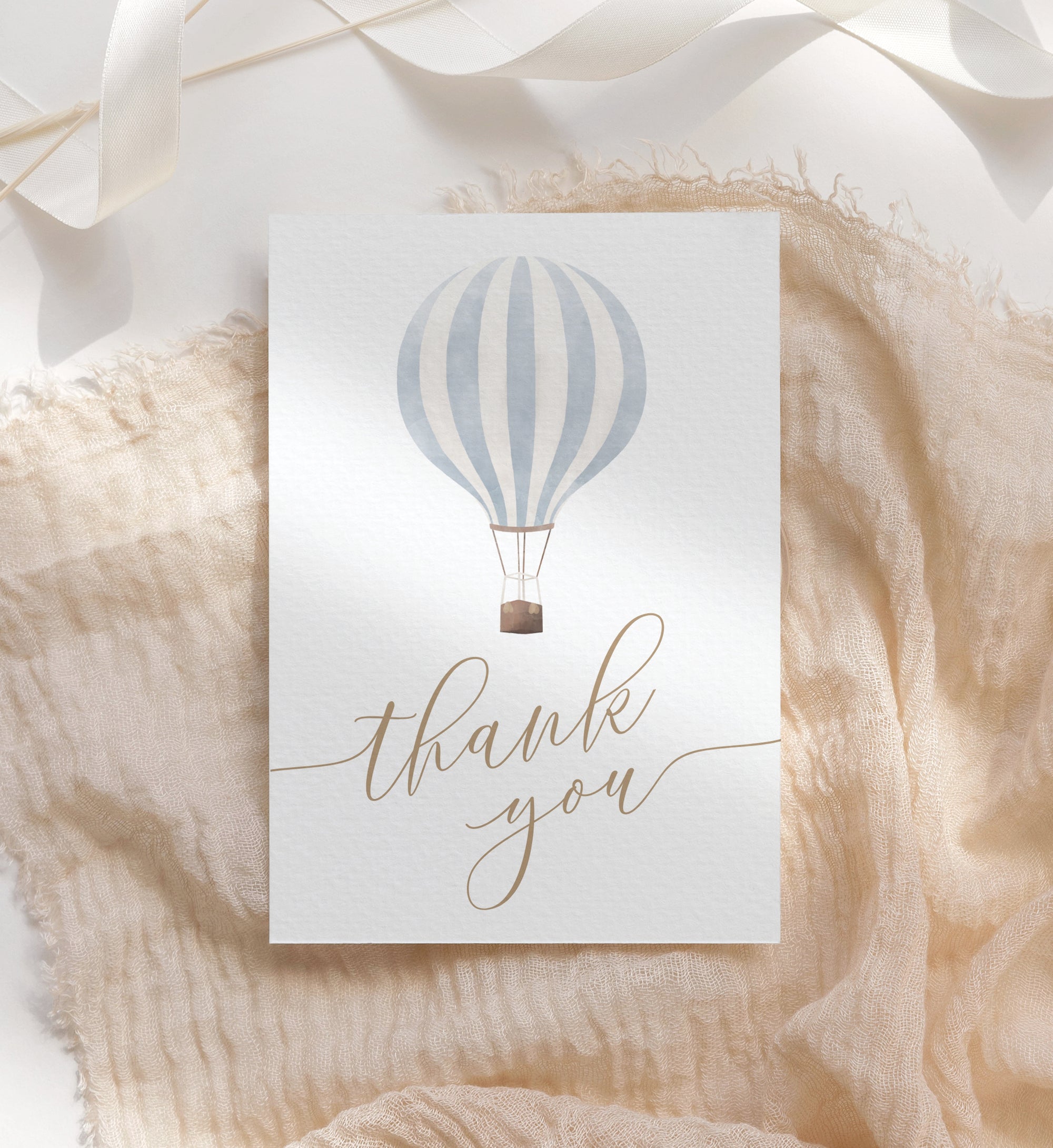 Editable Blue Hot Air Balloon Baby Shower Folded Thank You Card Template