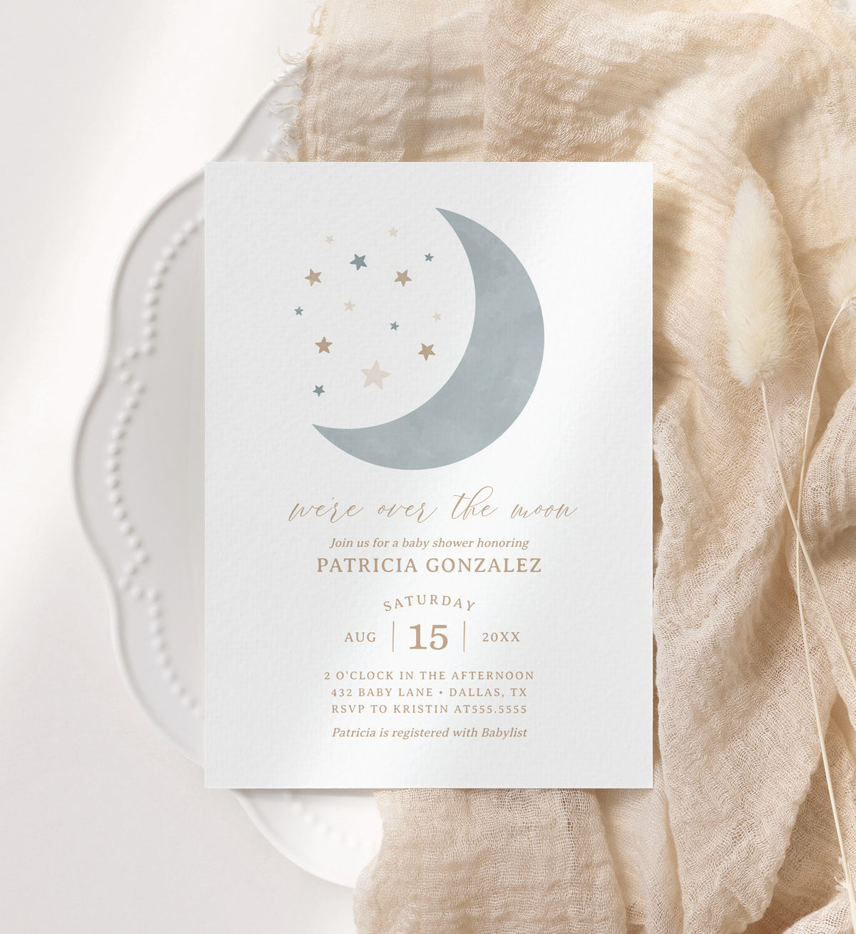 Editable Over the Moon Boy Baby Shower Invitation Template