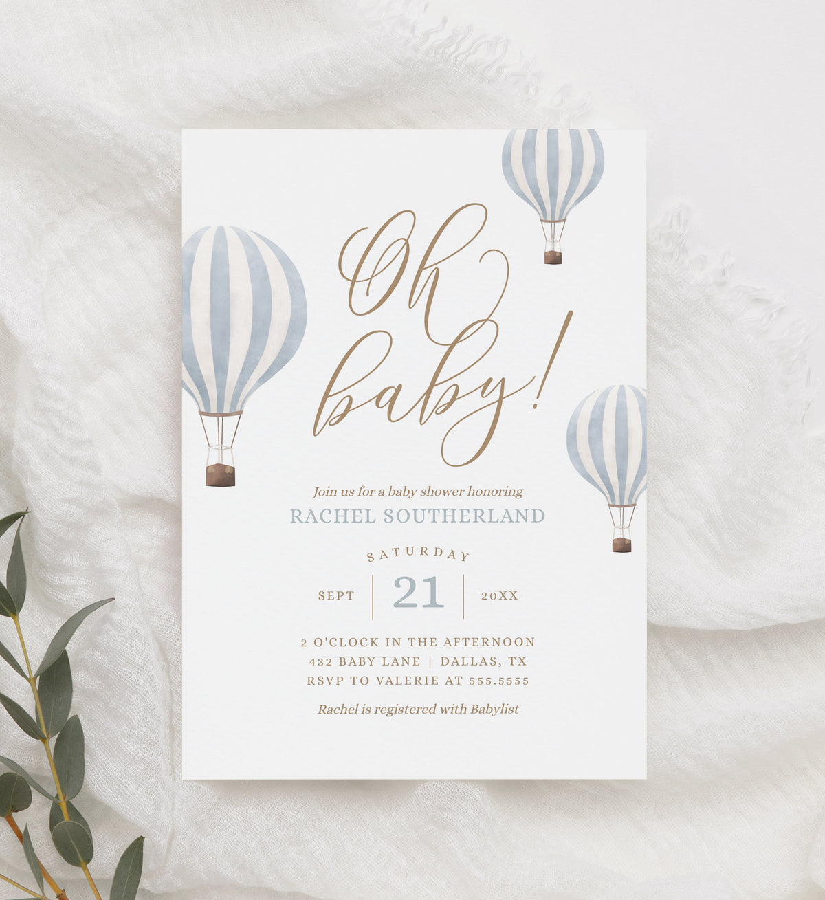 Editable Blue Hot Air Balloon Baby Shower Invitation Template No. 2