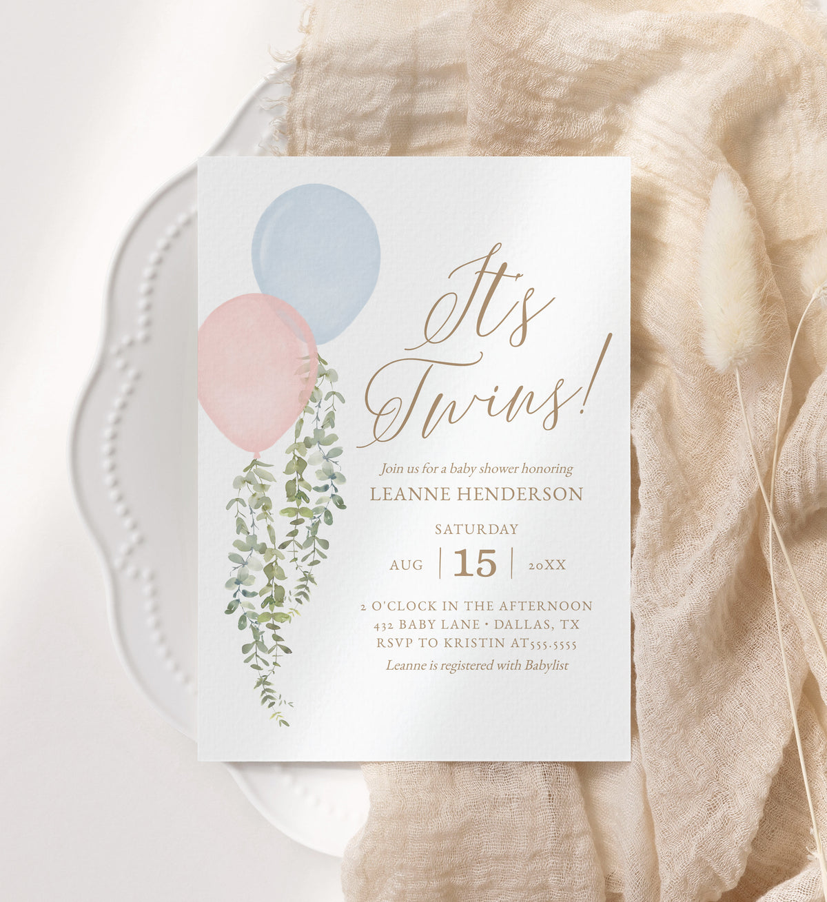 Editable Twins Balloon Baby Shower Invitation Template